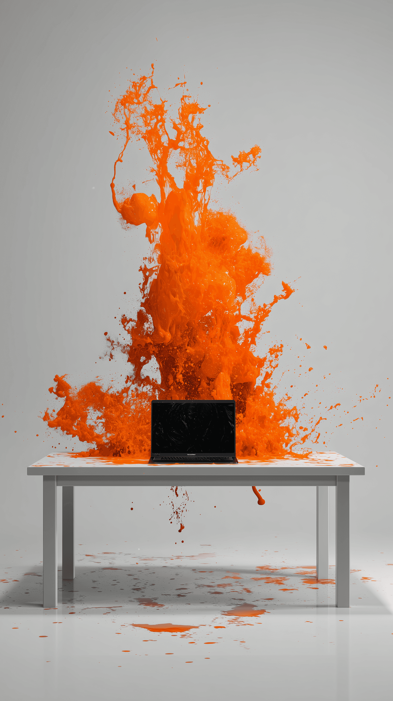 Sleeklabs creative web design concept featuring a bold orange paint explosion behind a laptop, symbolizing innovative digital experiences.