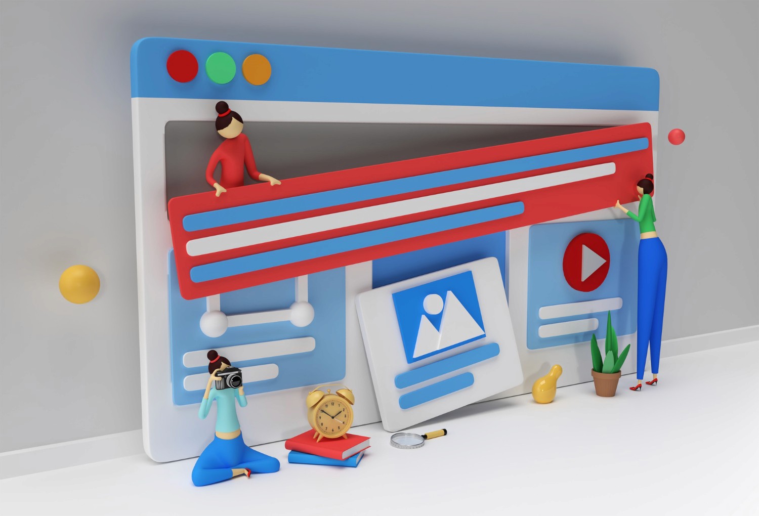 3D illustration of people designing a website interface. Elements include a large browser window with multimedia icons, a camera, an alarm clock, and a potted plant, symbolizing web design and development concepts.