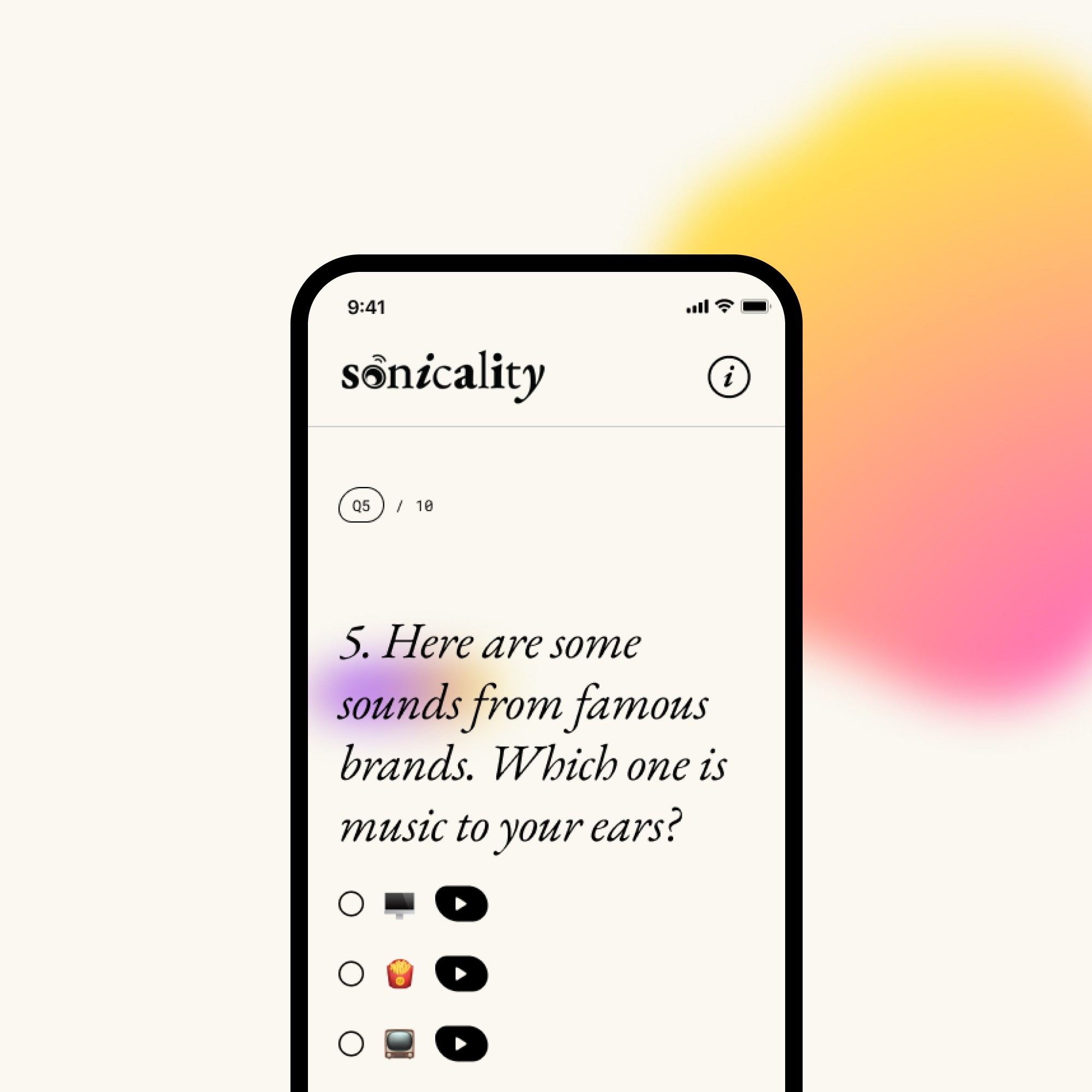 A mobile phone displaying the Sonicality quiz