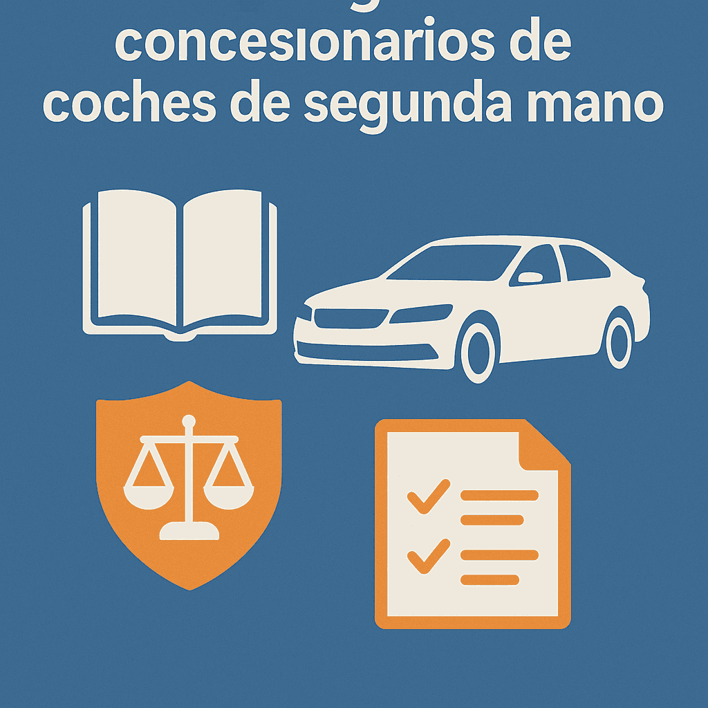Used car dealership with icons: book, car, scales, checklist