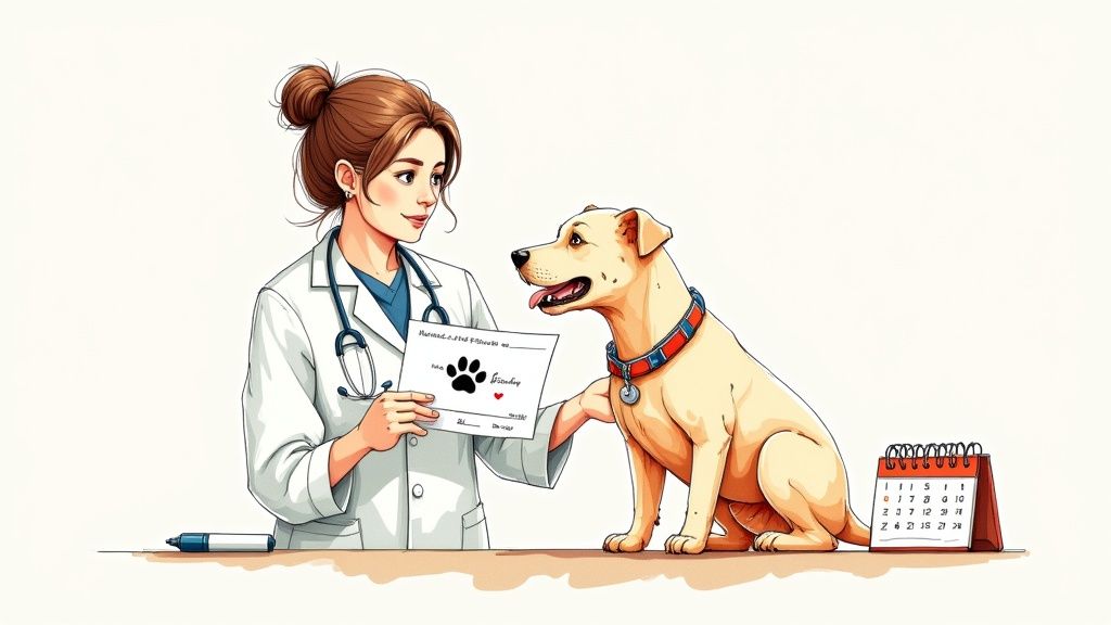 A female veterinarian, in a lab coat and stethoscope, shows a document with a paw print to a happy dog, next to a calendar.
