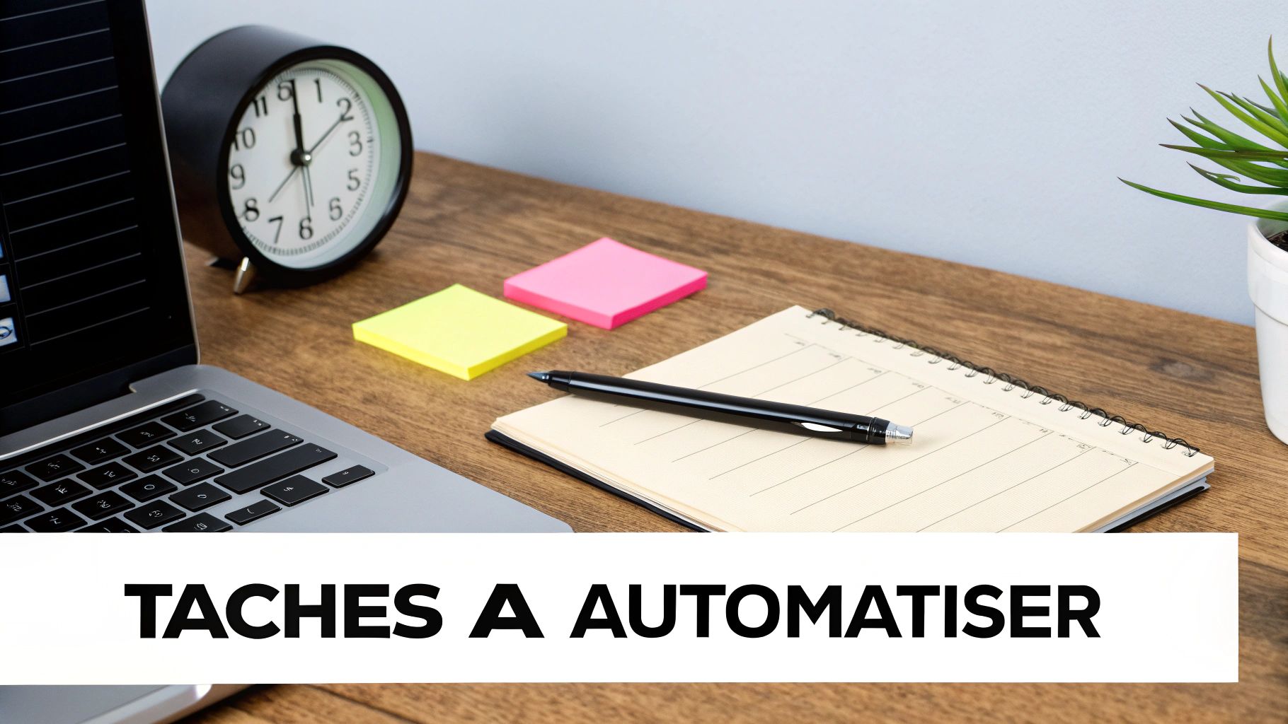 Bureau organisé avec ordinateur portable, horloge, bloc-notes et stylos pour automatiser les tâches professionnelles