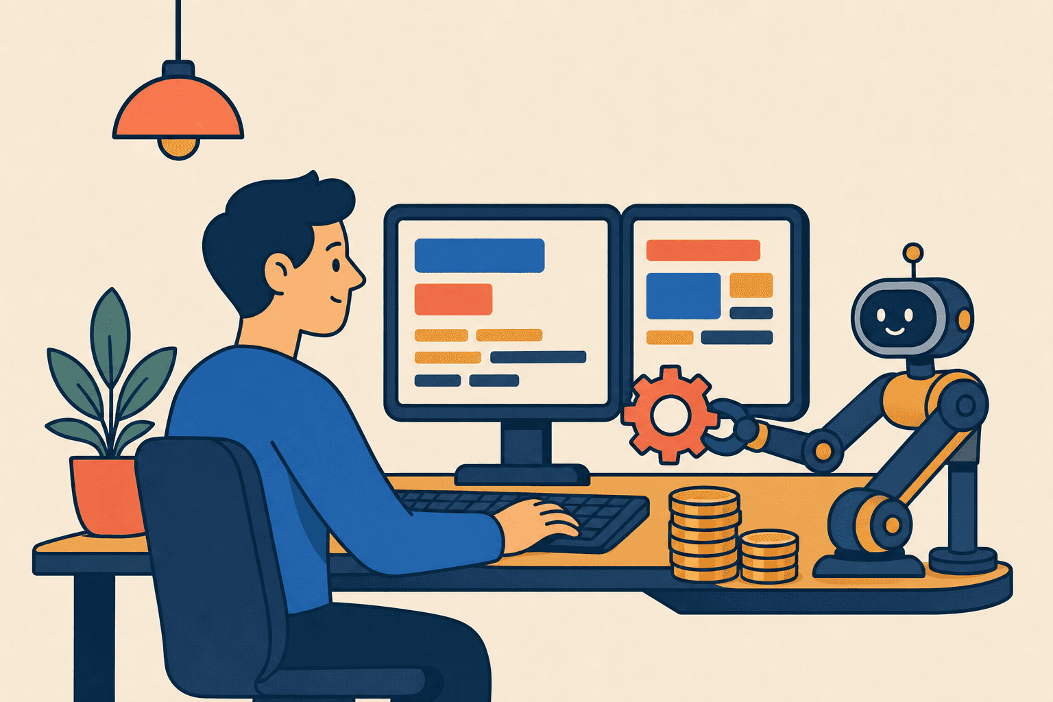 Illustration: Entwickler an zwei Monitoren mit abstrakten Codeblöcken, ein Roboterarm reicht ein Zahnrad, daneben Münzstapel