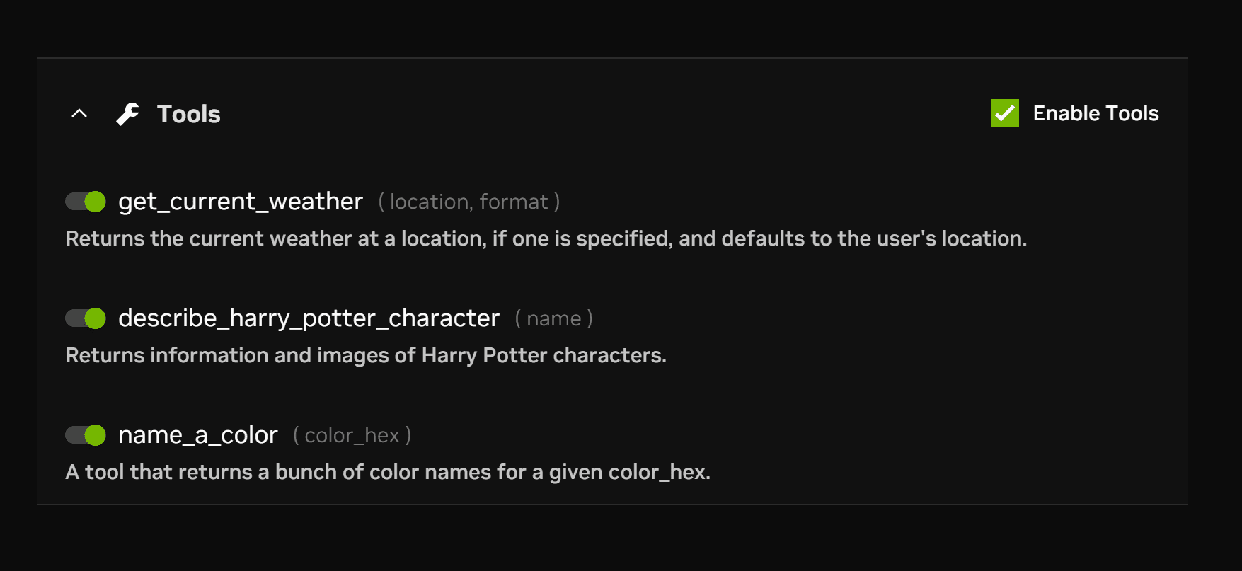 A screenshot showing tools available as part of the  NVIDIA NIM API Catalog demo.
