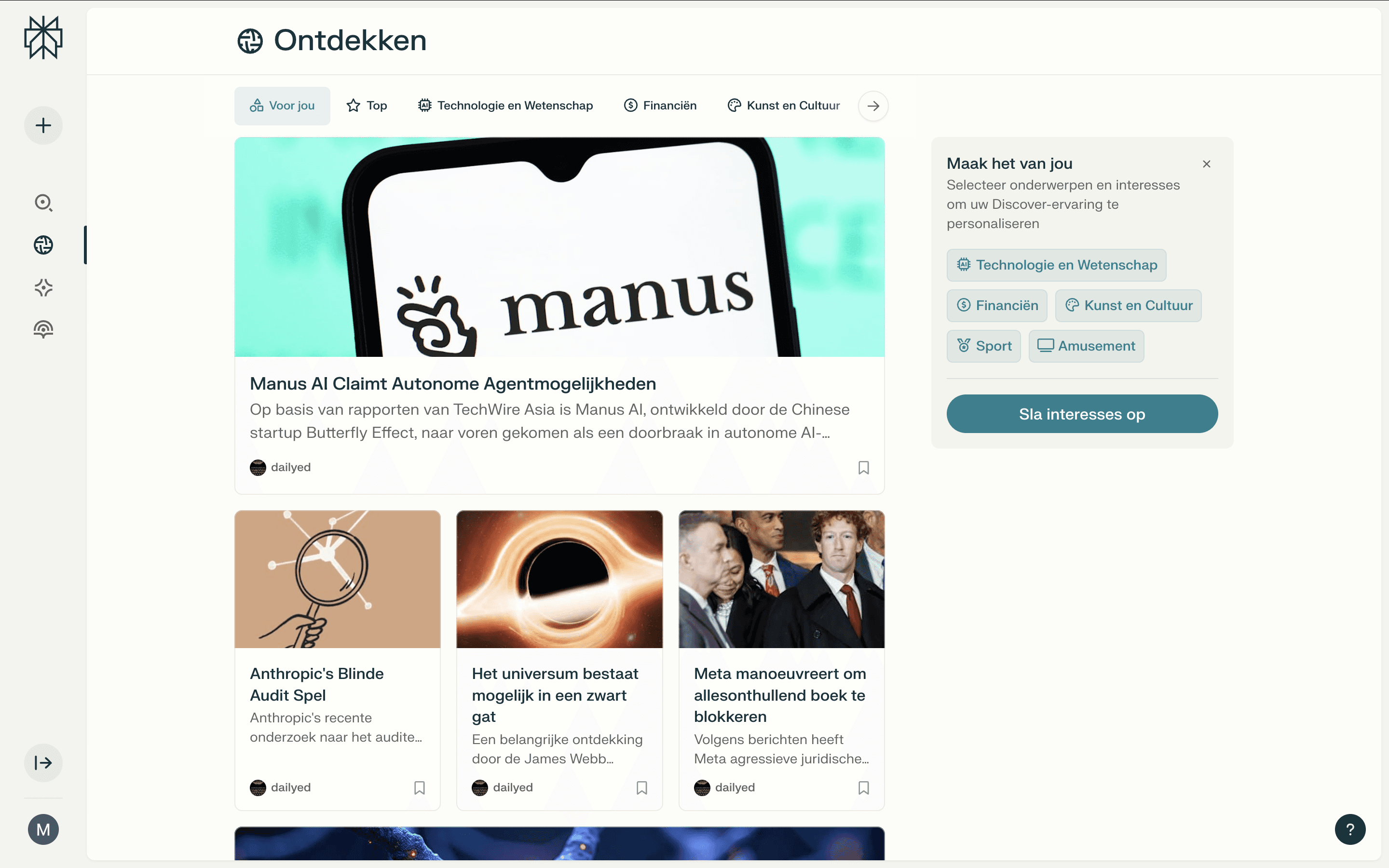 Screenshot van de pagina "ontdekken" in Perplexity