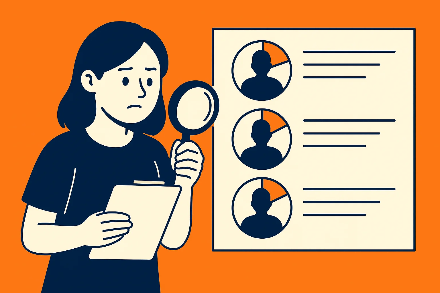 woman-holding-a-clipboard-and-magnifying-glass-looking-at-three-profile-icons-with-chart-segments-and-text-lines-related-to-customer-segmentation-research