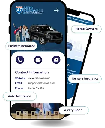 Smartphone screen displaying AZ Auto Insurance contact info and service options.