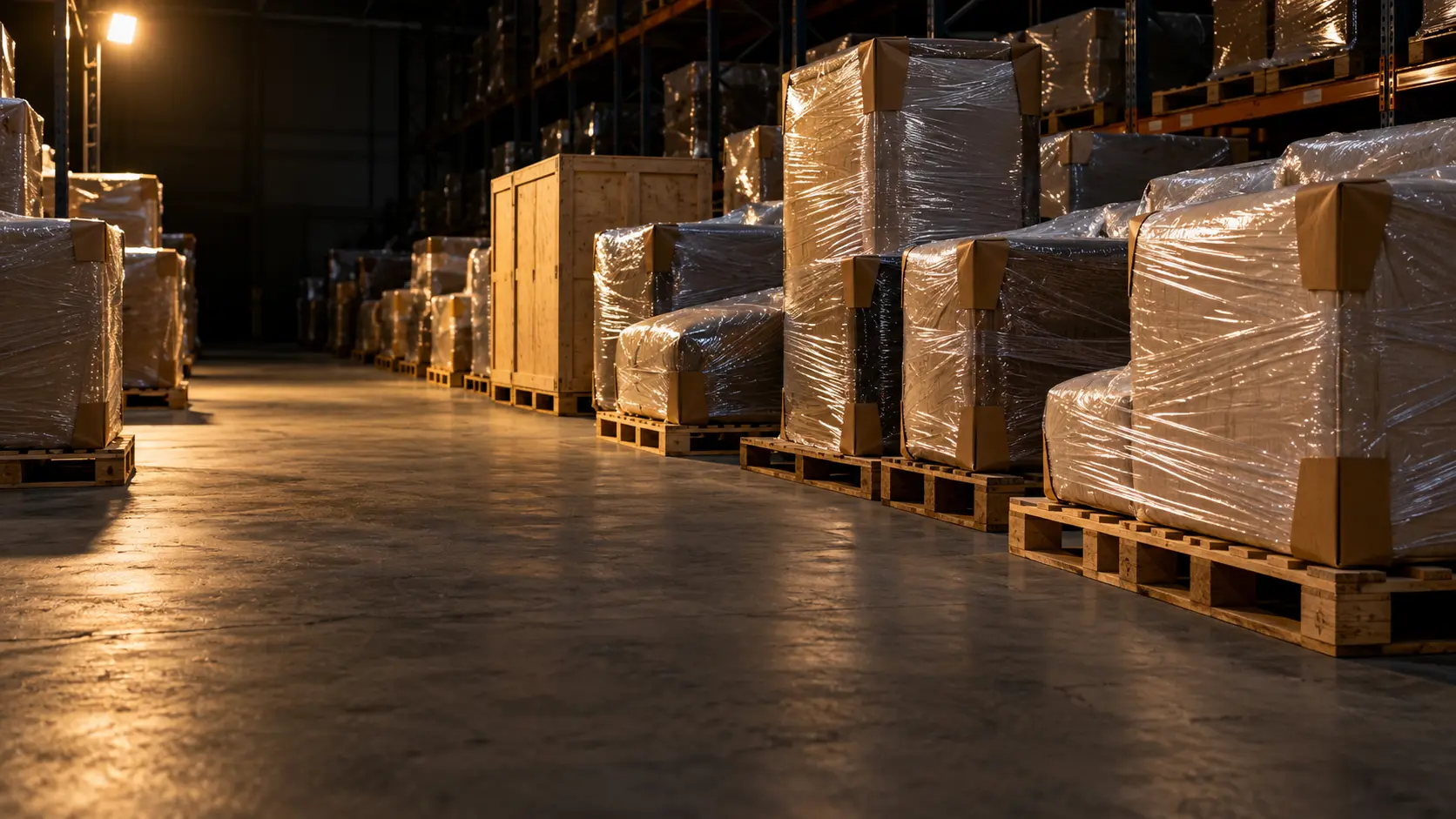Warehouse aisle at night with furniture wrapped in film on pallets and a wooden crate under a warm work light