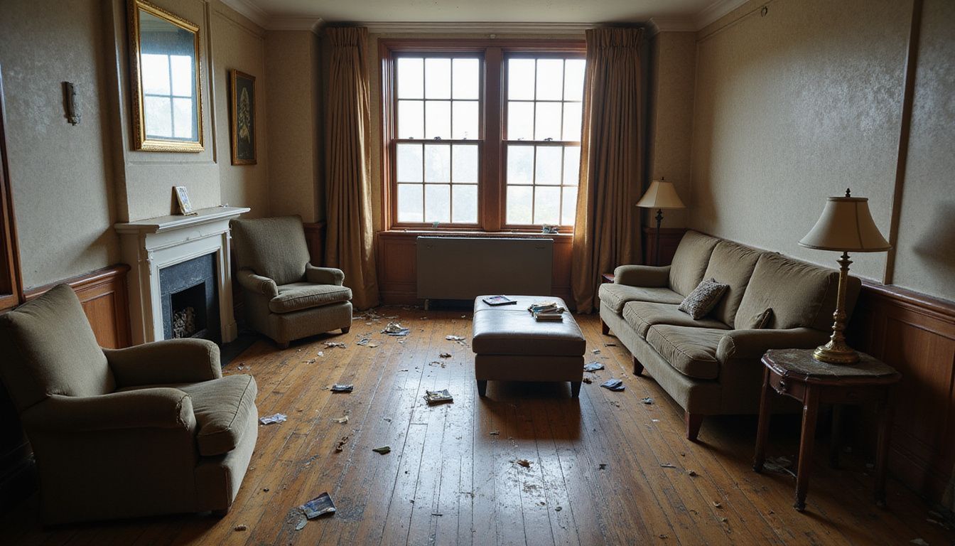 A neglected hotel lobby with mismatched furniture and cluttered surfaces.