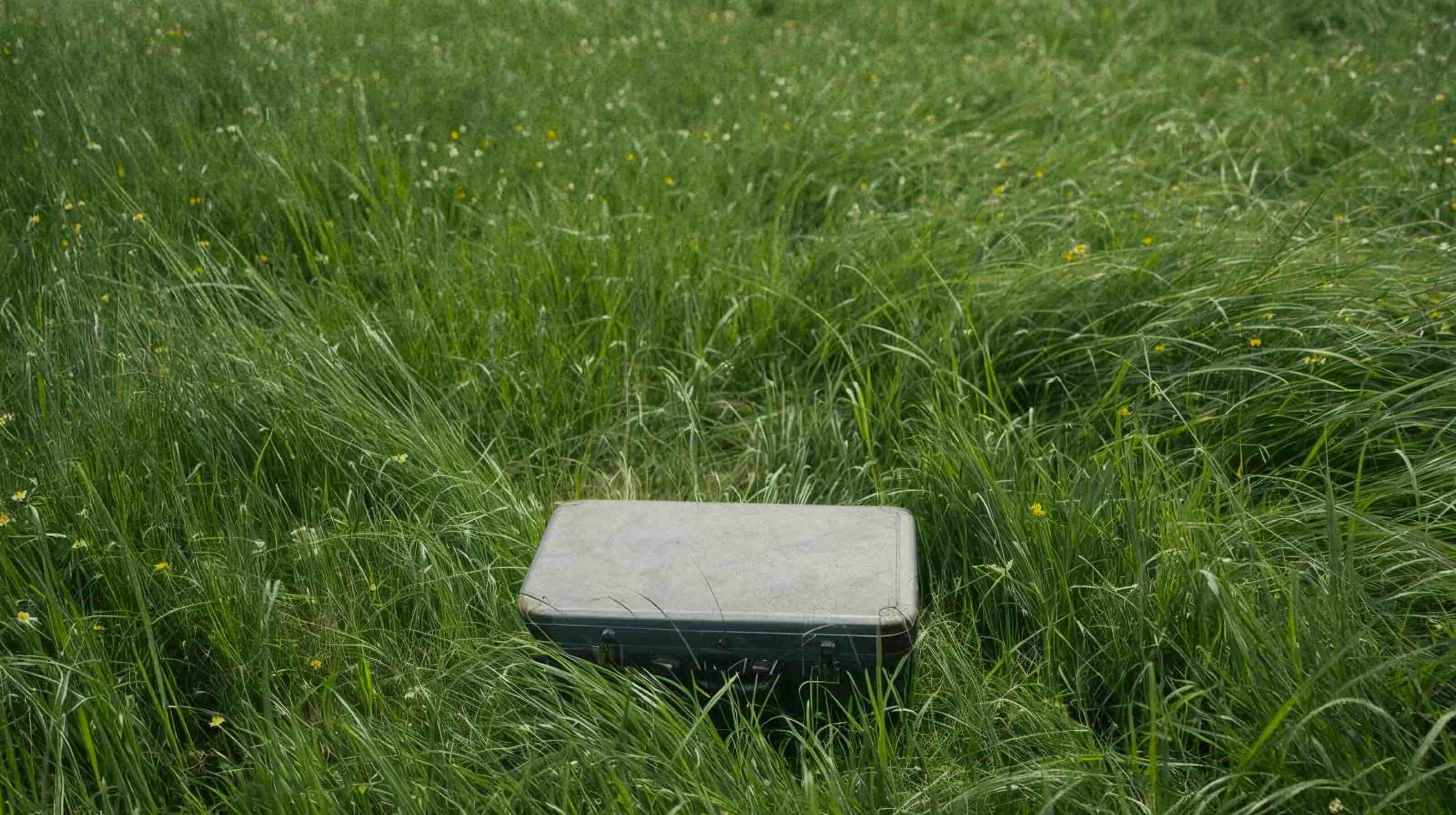 Vintage suitcase resting in tall grass for a travel and hospitality branding project, created by Casa Clara Studios
