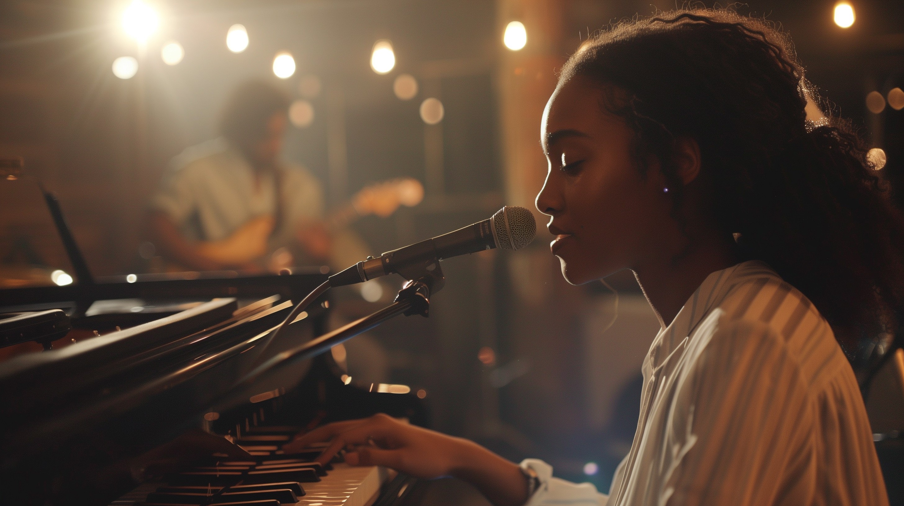Close-up of a woman singing into a microphone, with a piano in the foreground and warm, blurred stage lights in the background.
