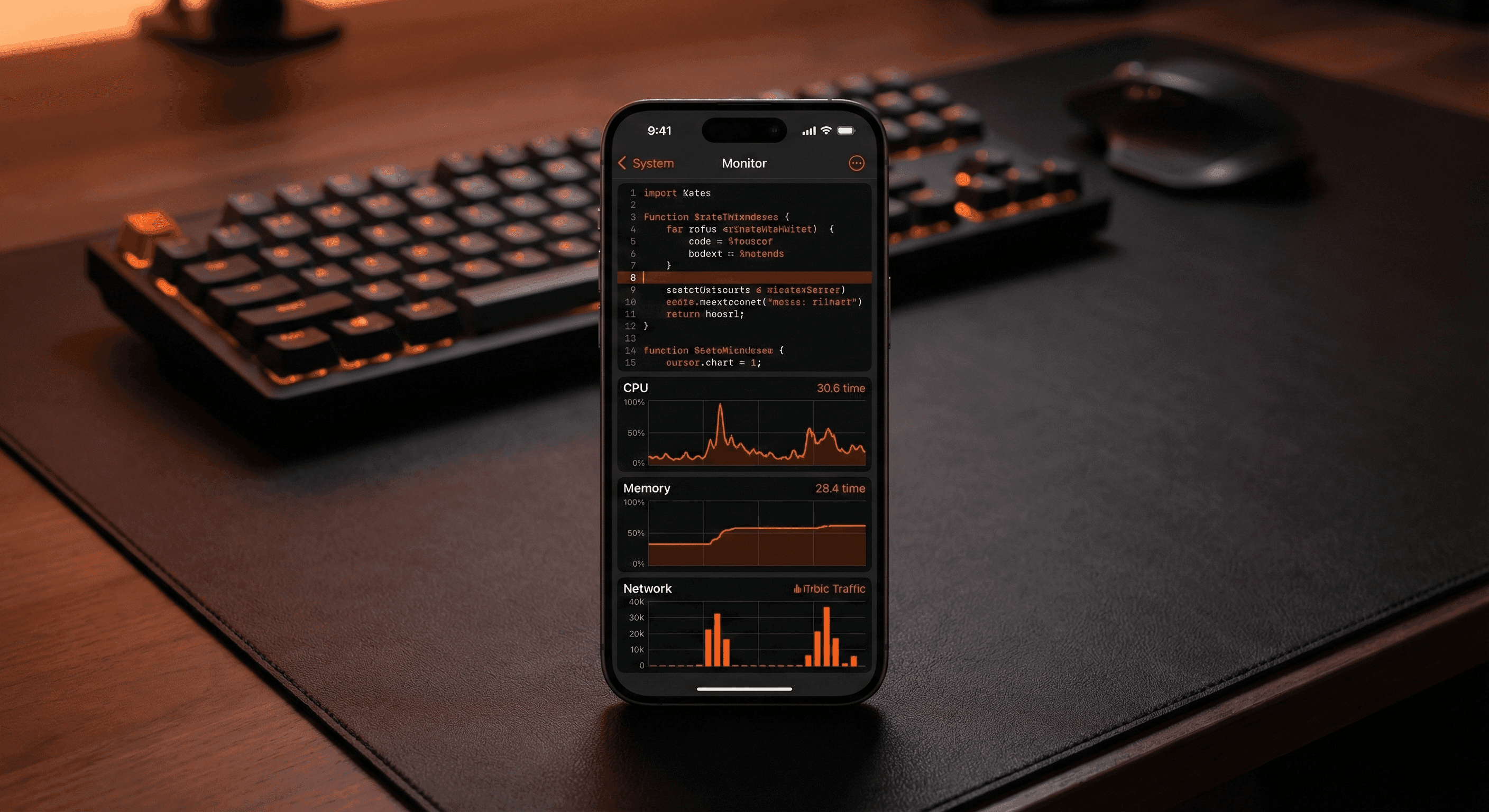 iPhone app displaying system stats like CPU and memory usage, with a keyboard and mouse in the background.