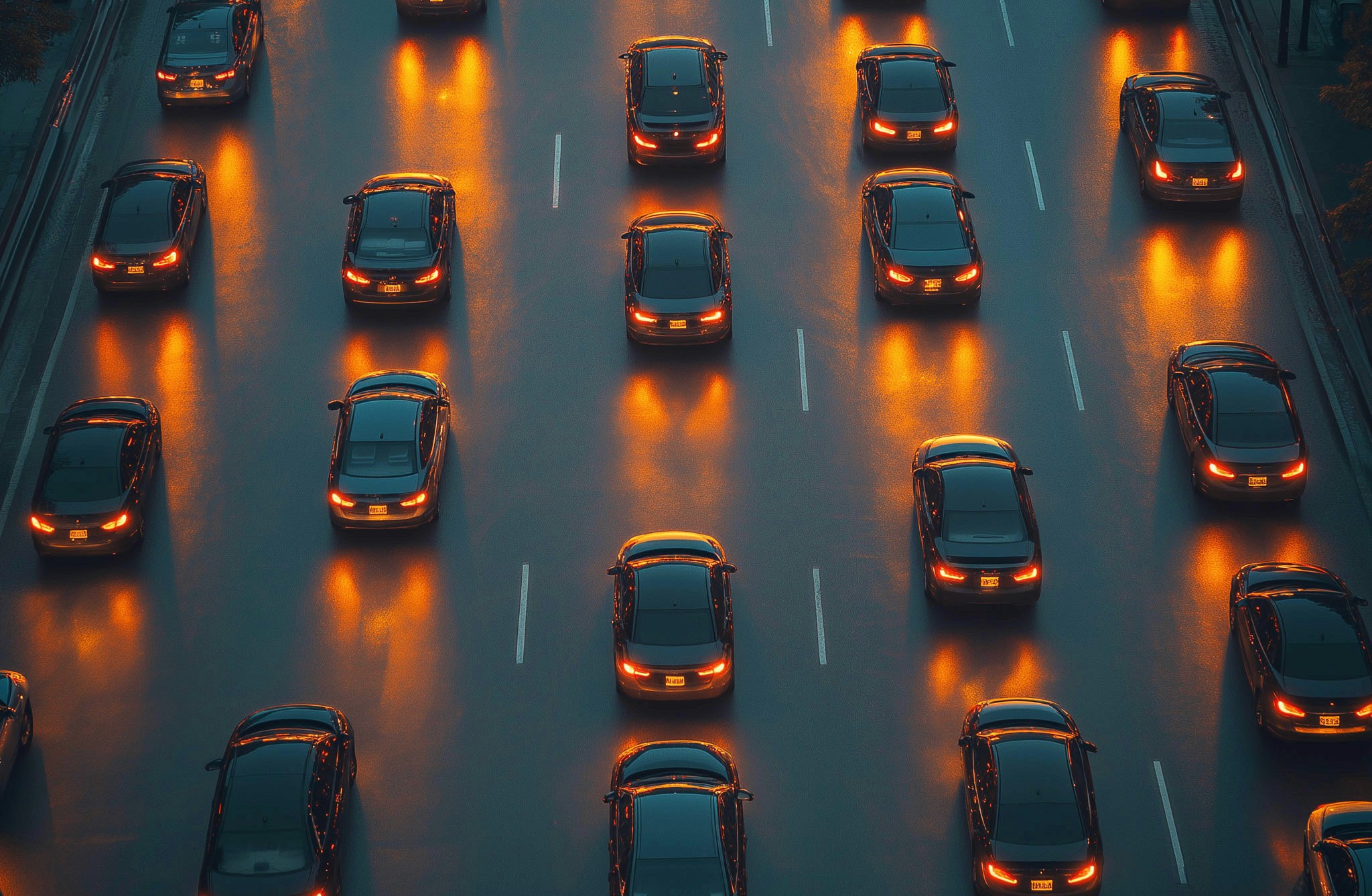 Black cars with orange lights that are driving across 5 different lanes next to each other.