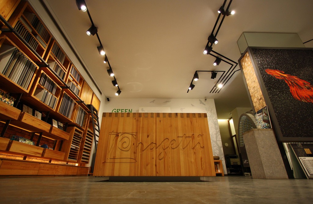 Showroom corner with parquet samples and shelving
