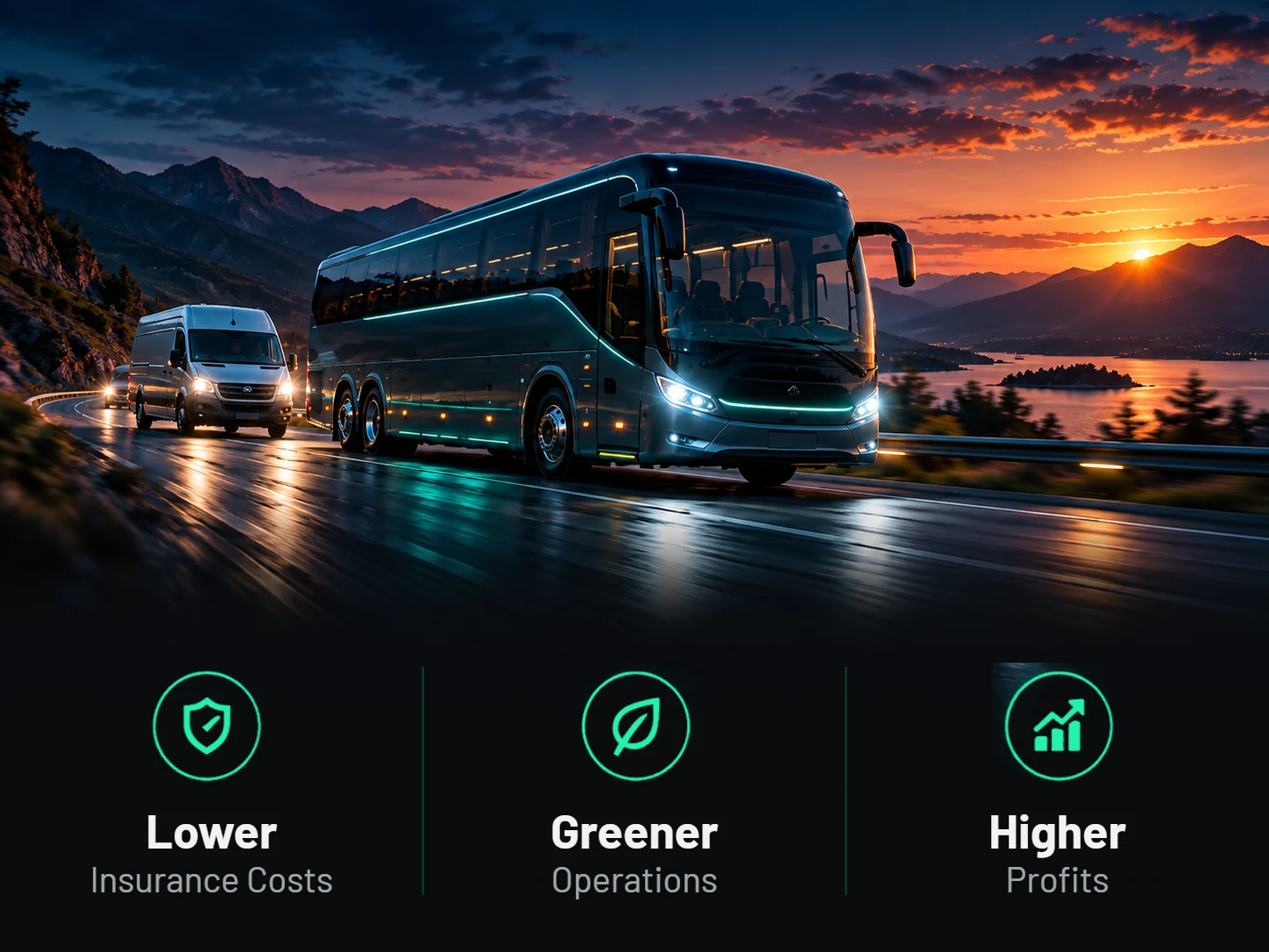 Intercity coach and delivery van on the road at sunset: lower insurance costs, greener operations, higher profits