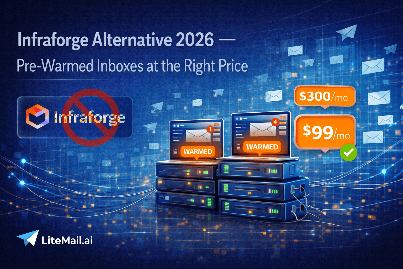 Infraforge $6 inbox cost vs Litemail $4.99 pre-warmed inbox with placement rate bar chart comparison