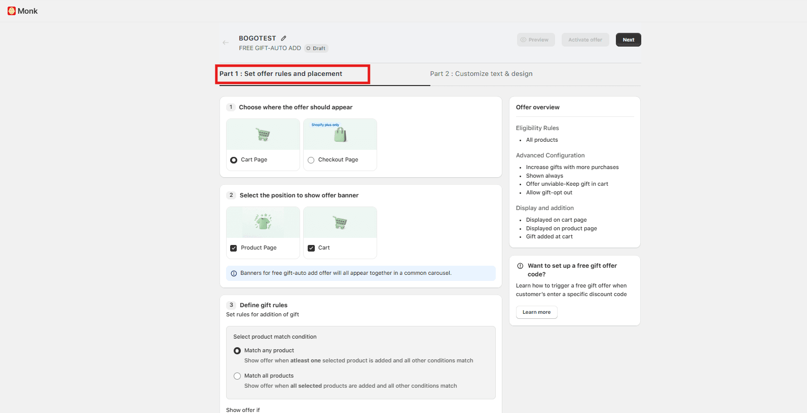 Set offer rules and plecement for BOGO campaign using Monk Free Gift + BOGO