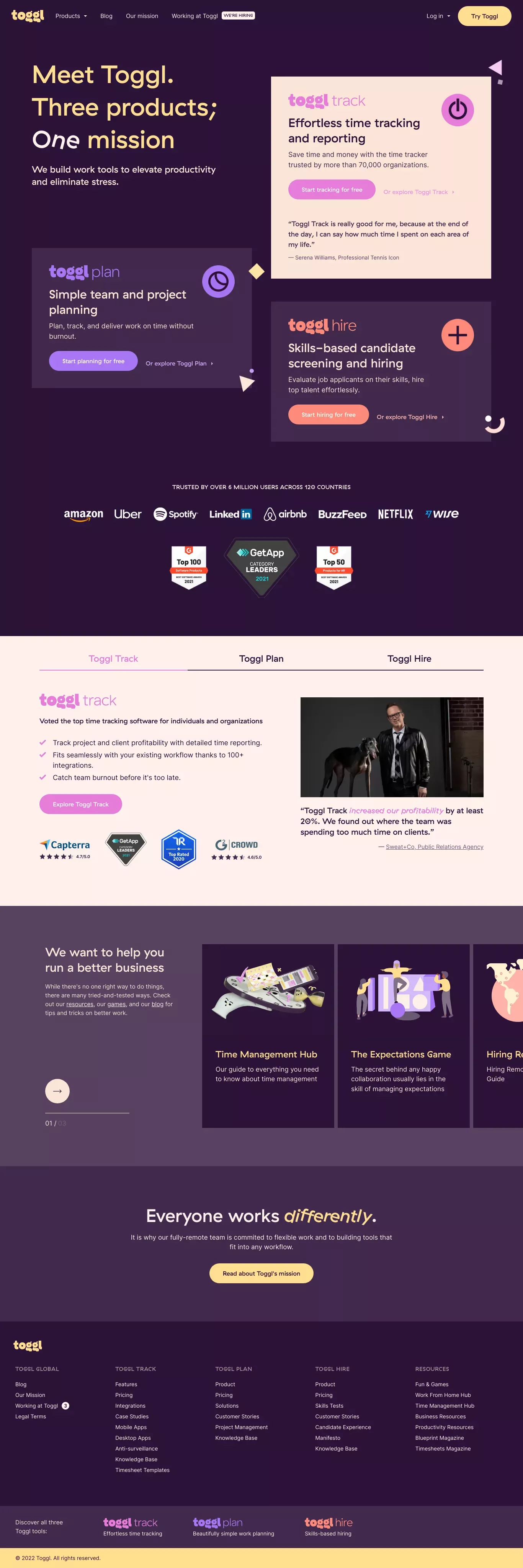 Toggl: Time Tracking, Project Planning a landing page screenshot showcasing HR and Tech design