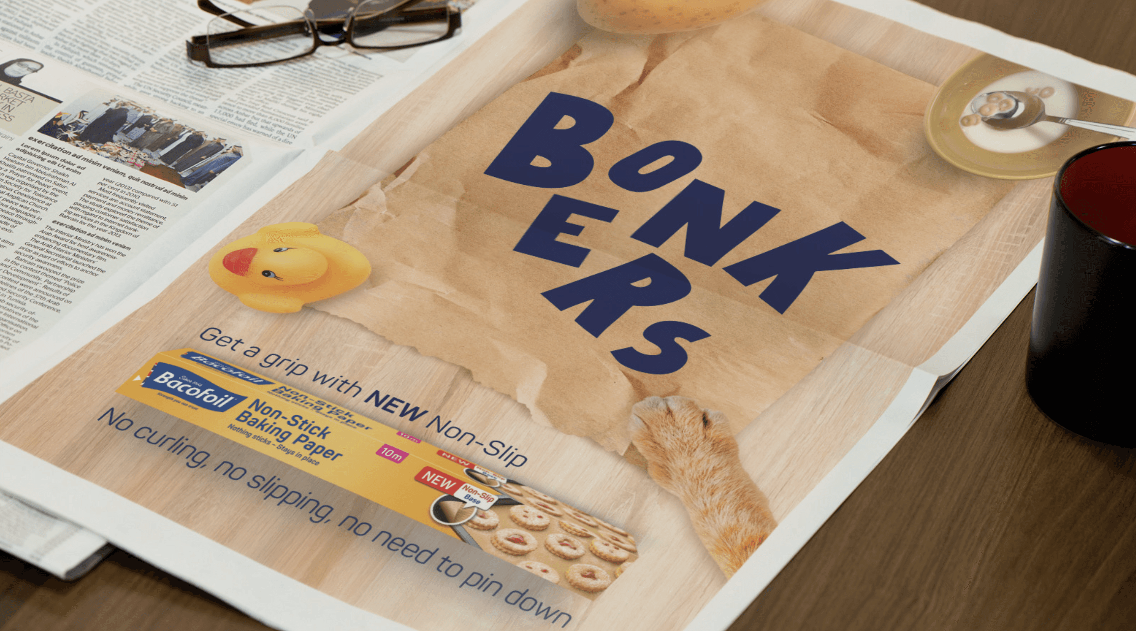 A magazine advert for Non-Slip Baking Paper from Bacofoil