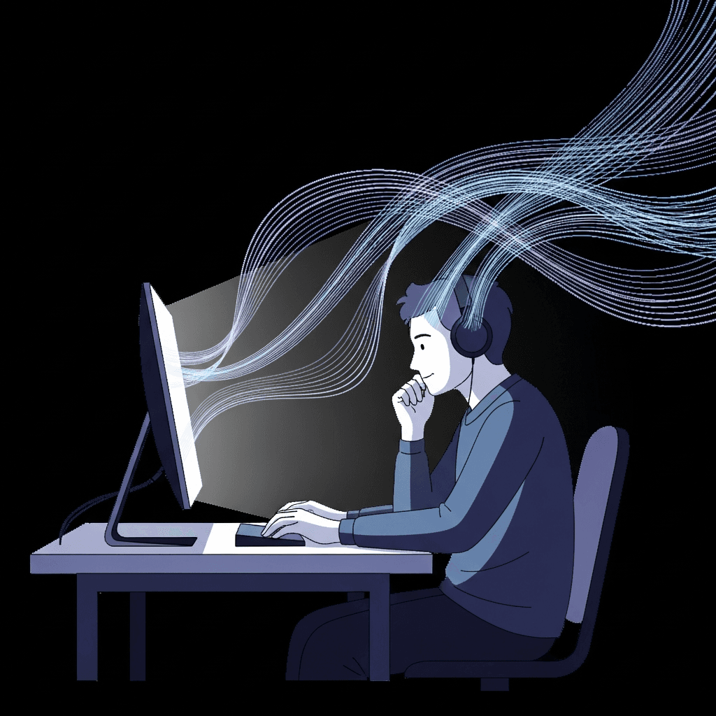 A minimalist illustration showing a developer in flow state at their desk with a computer, surrounded by smooth flowing waves or streams of light representing uninterrupted thought and real-time transcription. The visual should convey the concept of seamless, instantaneous voice-to-text conversion with no lag or interruption. Use a clean, modern style with cool blues and purples to represent technology and concentration.