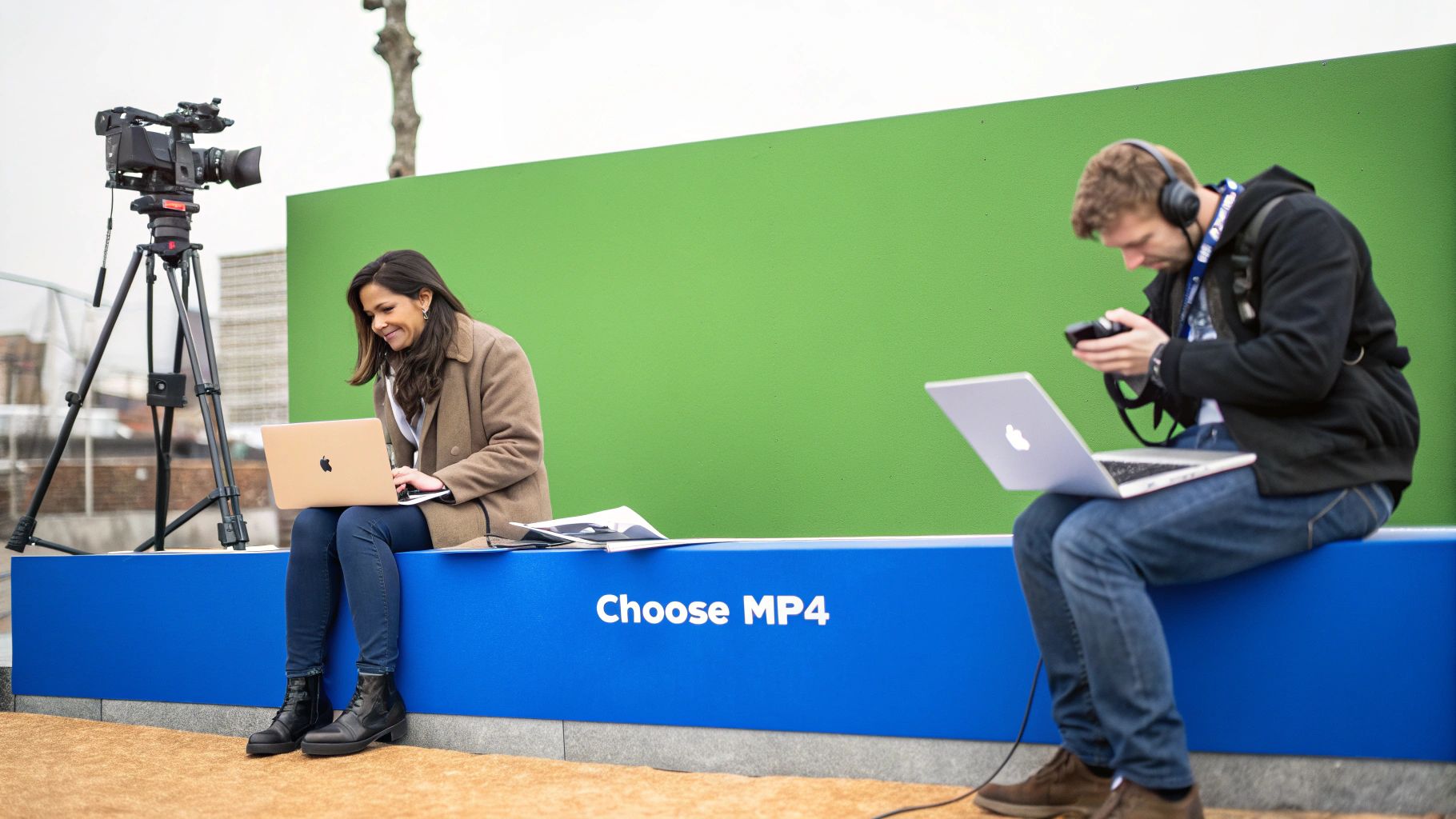 A person holding a smartphone displaying a video feed, surrounded by icons for social media, email, and various devices, illustrating MP4's wide compatibility.