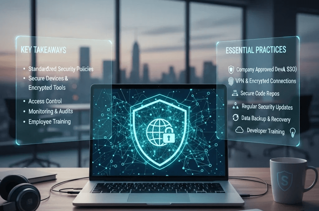 Remote development security checklist with key takeaways and essential practices displayed.
