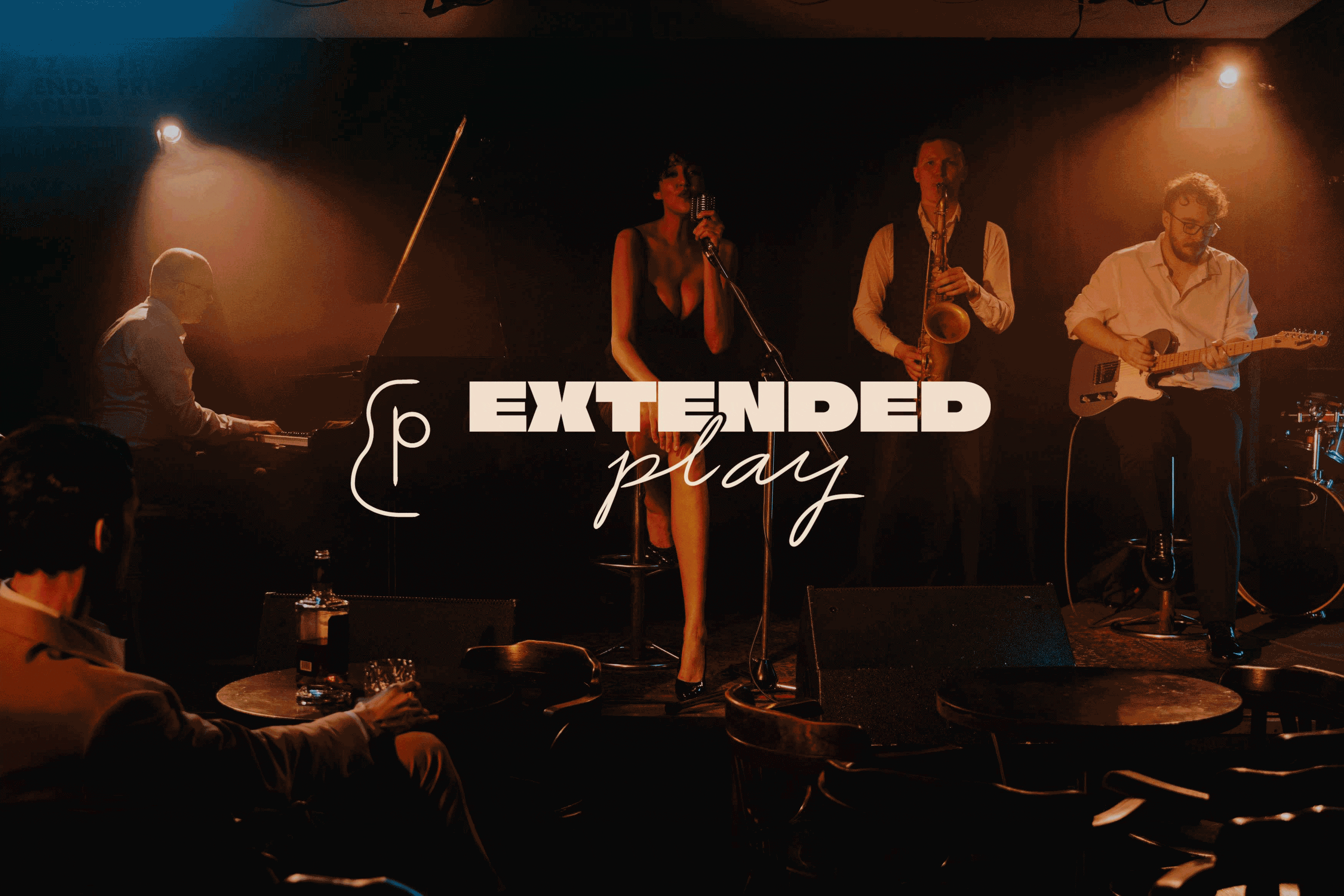 GIF with Extended Play logo against images including bands, wine glasses, and food