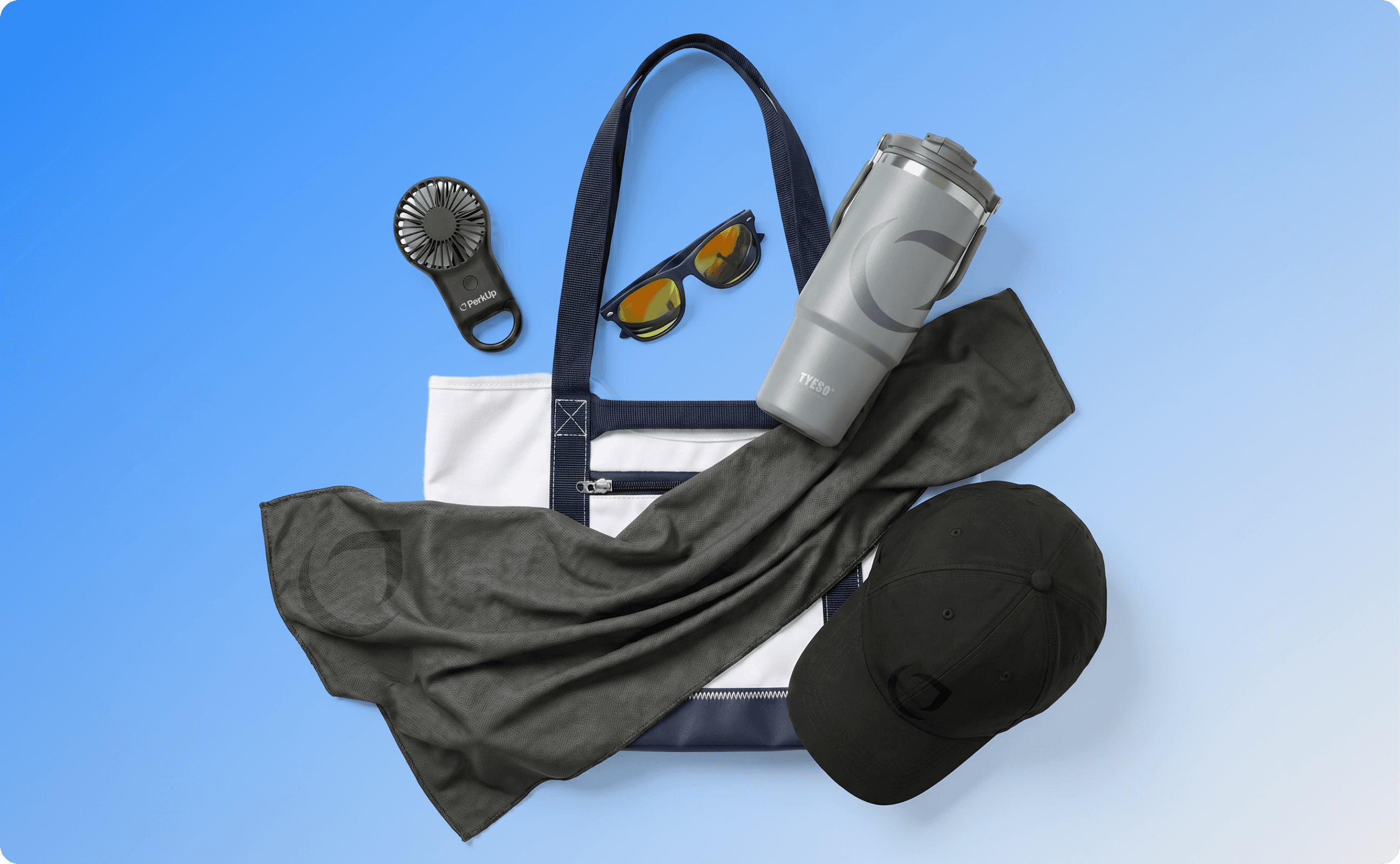 Different summer swag items: handheld fan, sunglasses, boat tote, neck cooling towel, and a cap.