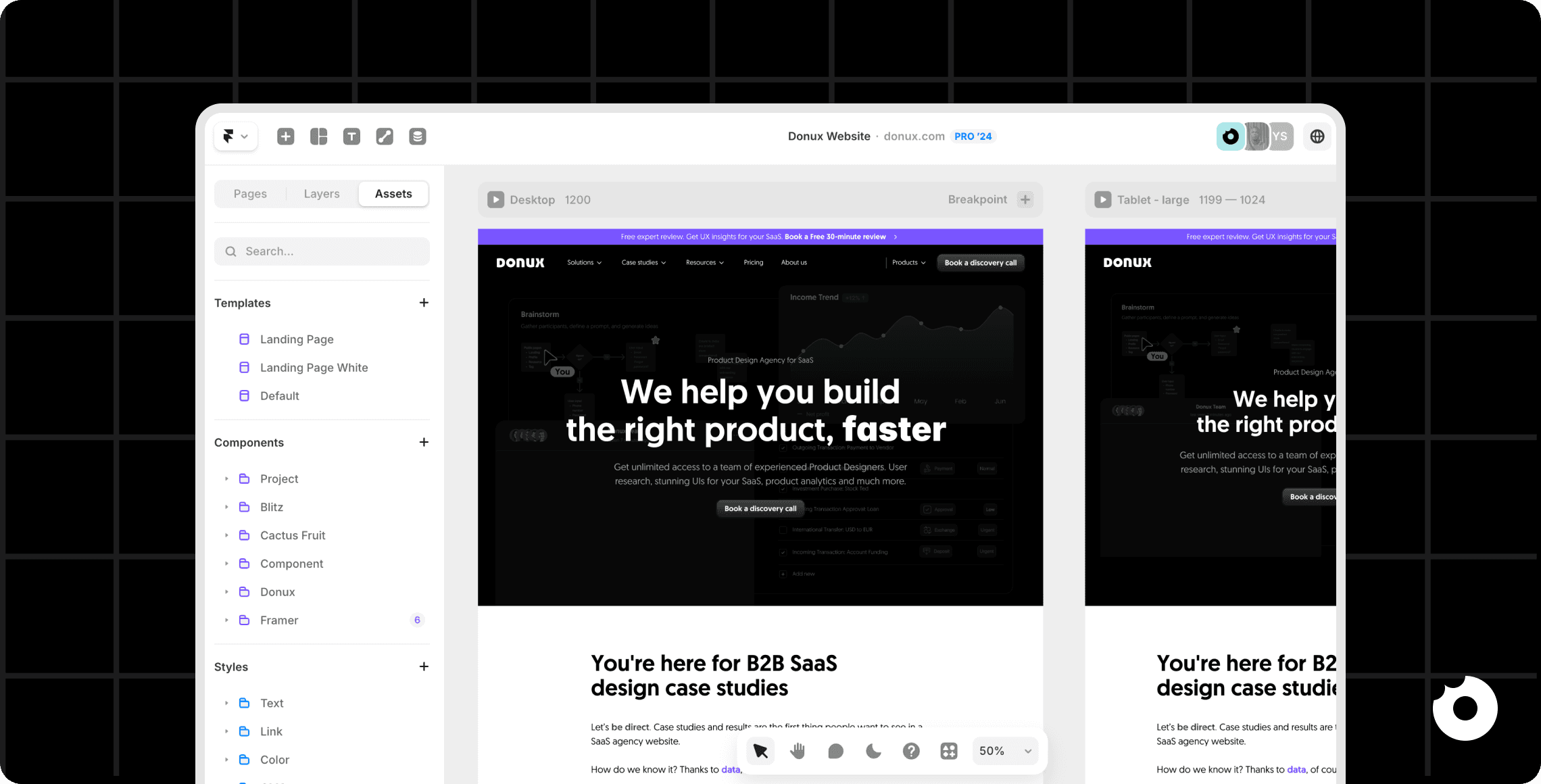 Framer editor interface showing Donux website layout with desktop and tablet previews side by side and assets panel on the left