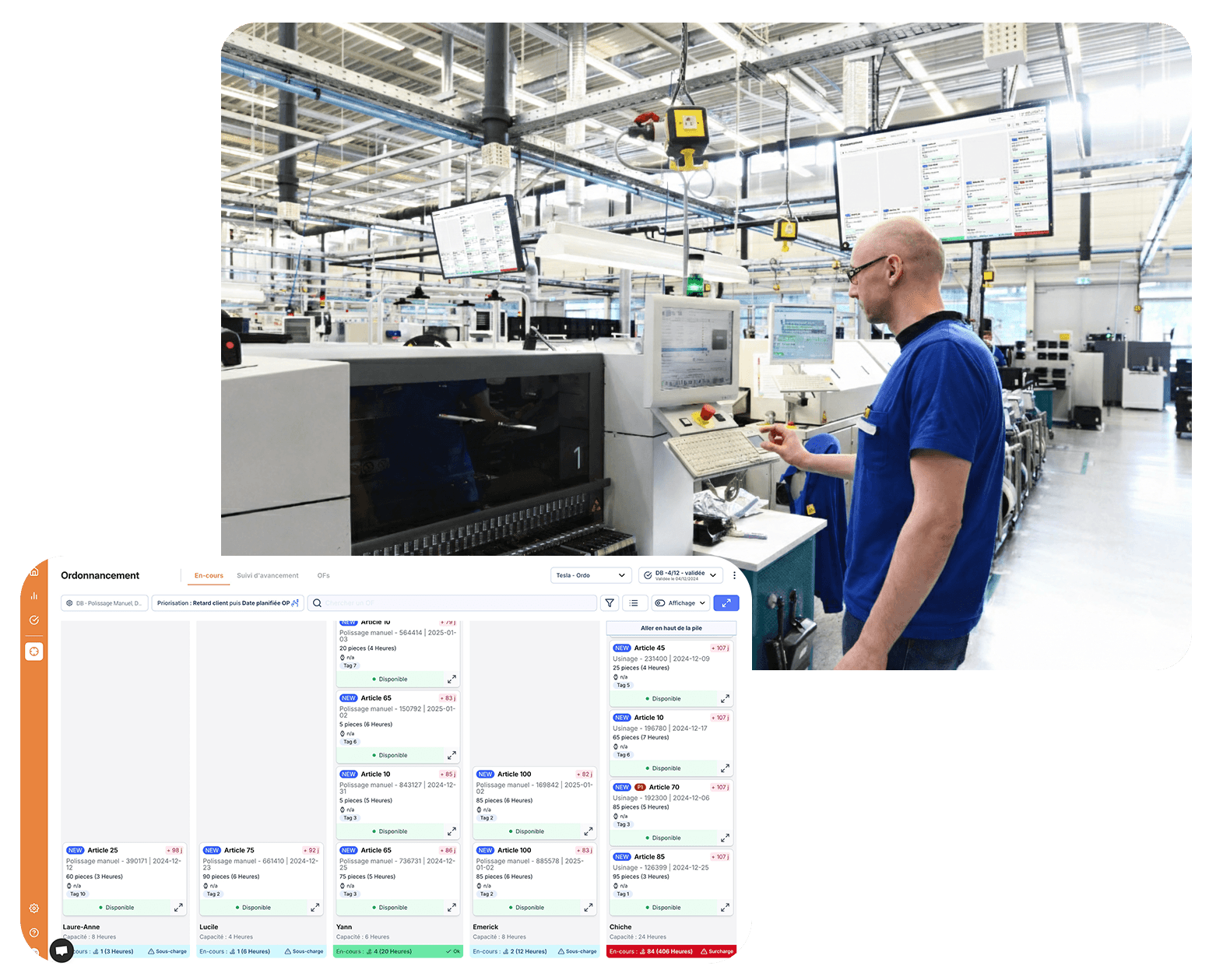 Réunion de planning autour d'un tableau dans une usine