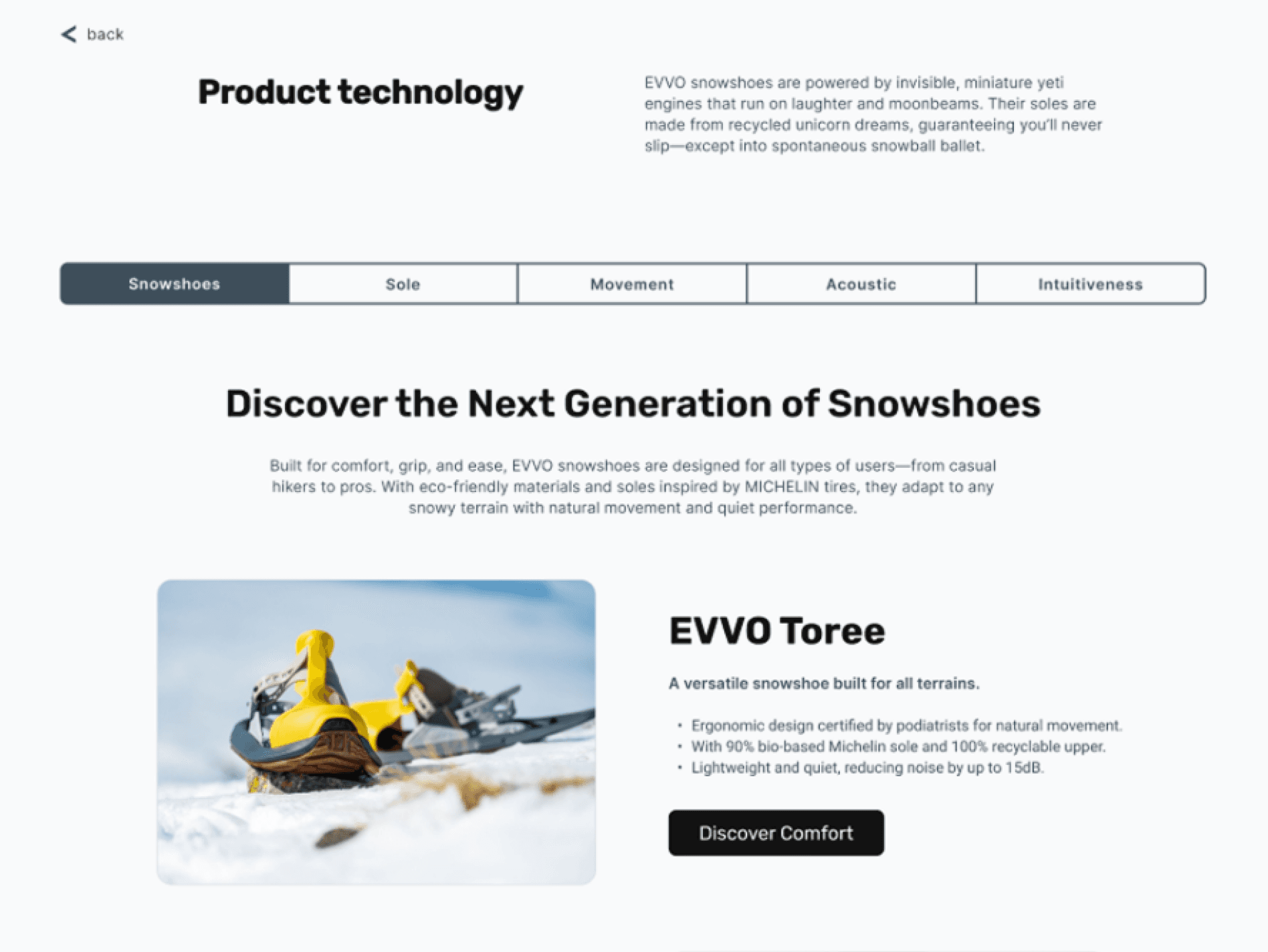 Interface design of the product comparison tool, showing two snowshoe models side-by-side with clear visual indicators for weight, grip, and terrain suitability to aid decision-making.