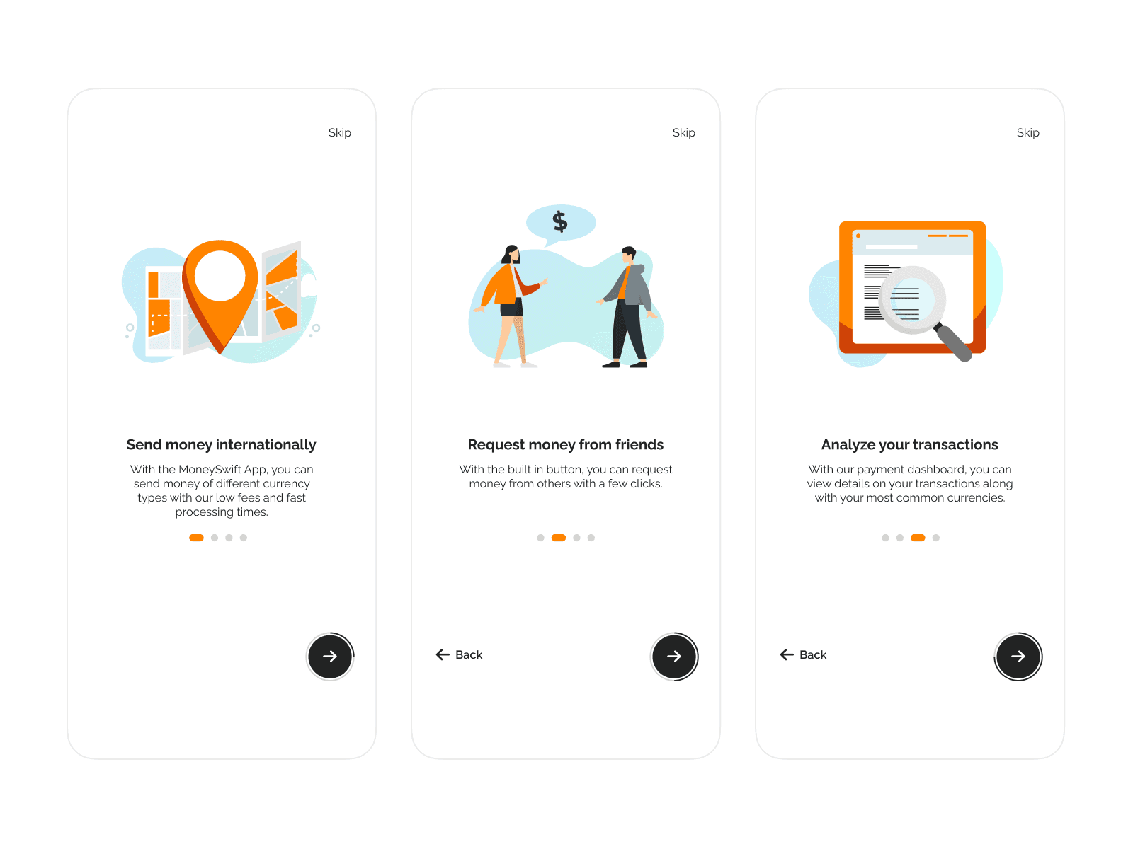 3 screens of the Venture Skin app