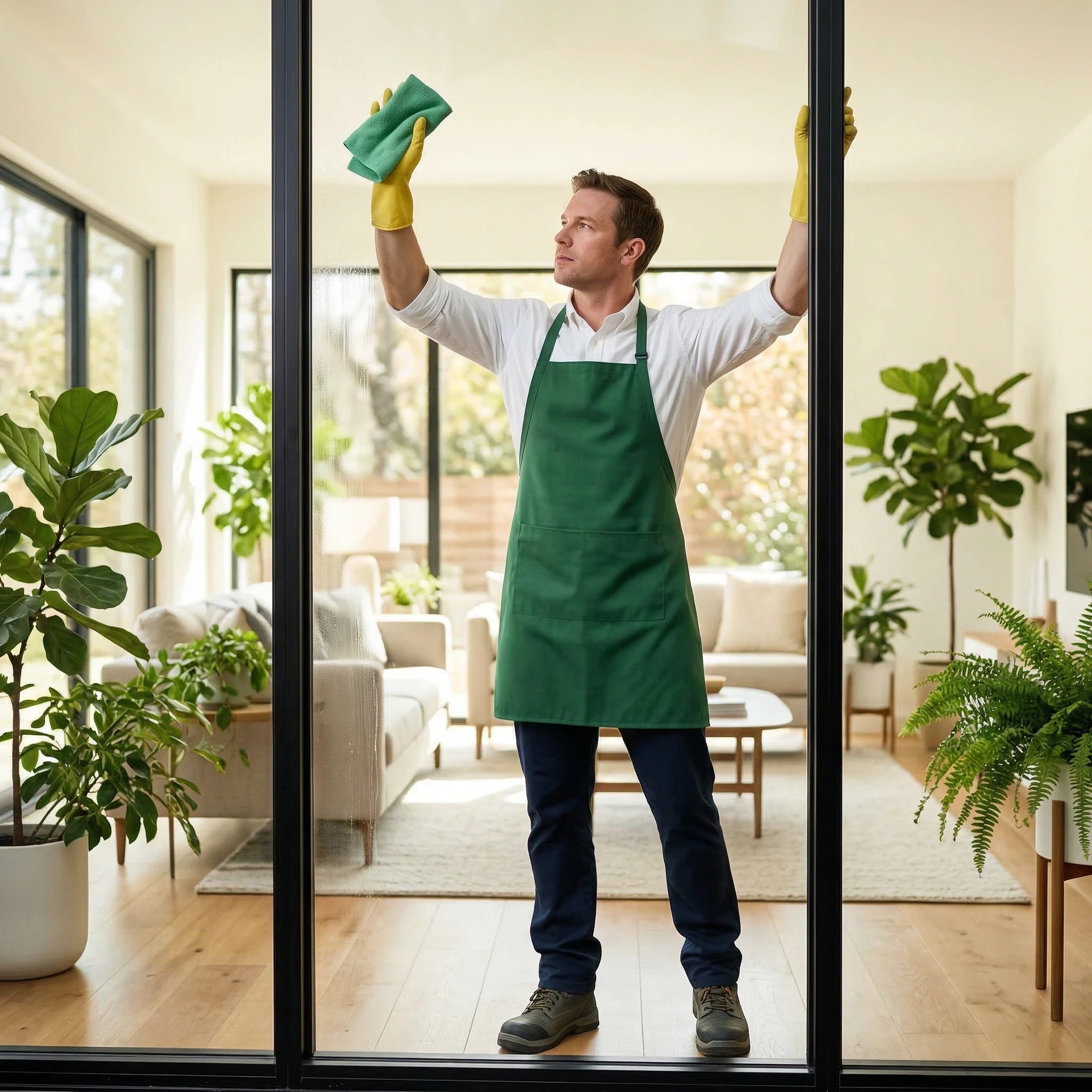 Man in green apron cleaning a glass door with a cloth.
