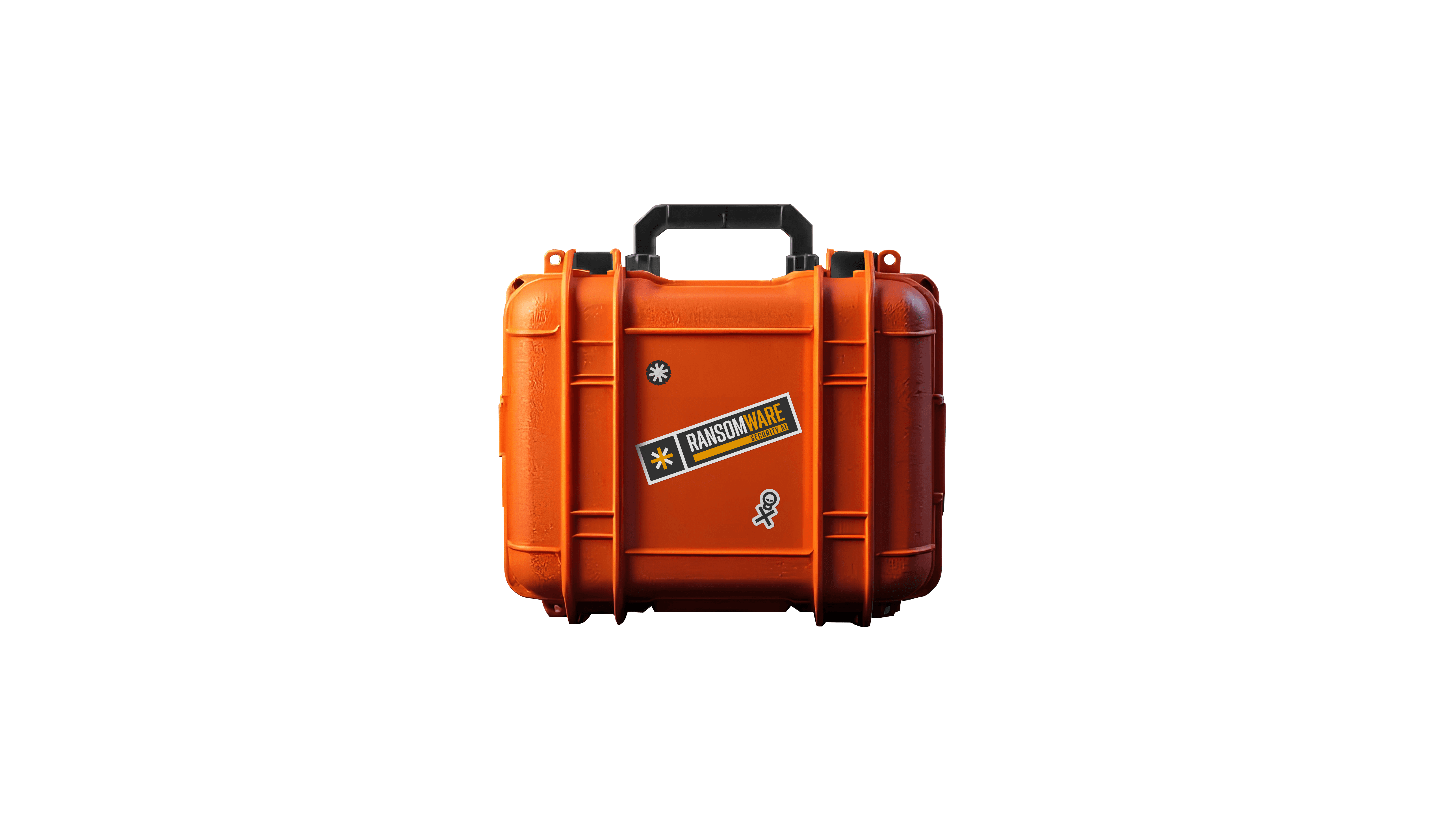 A secure orange case with a sticker that reads, 'RansomCare'