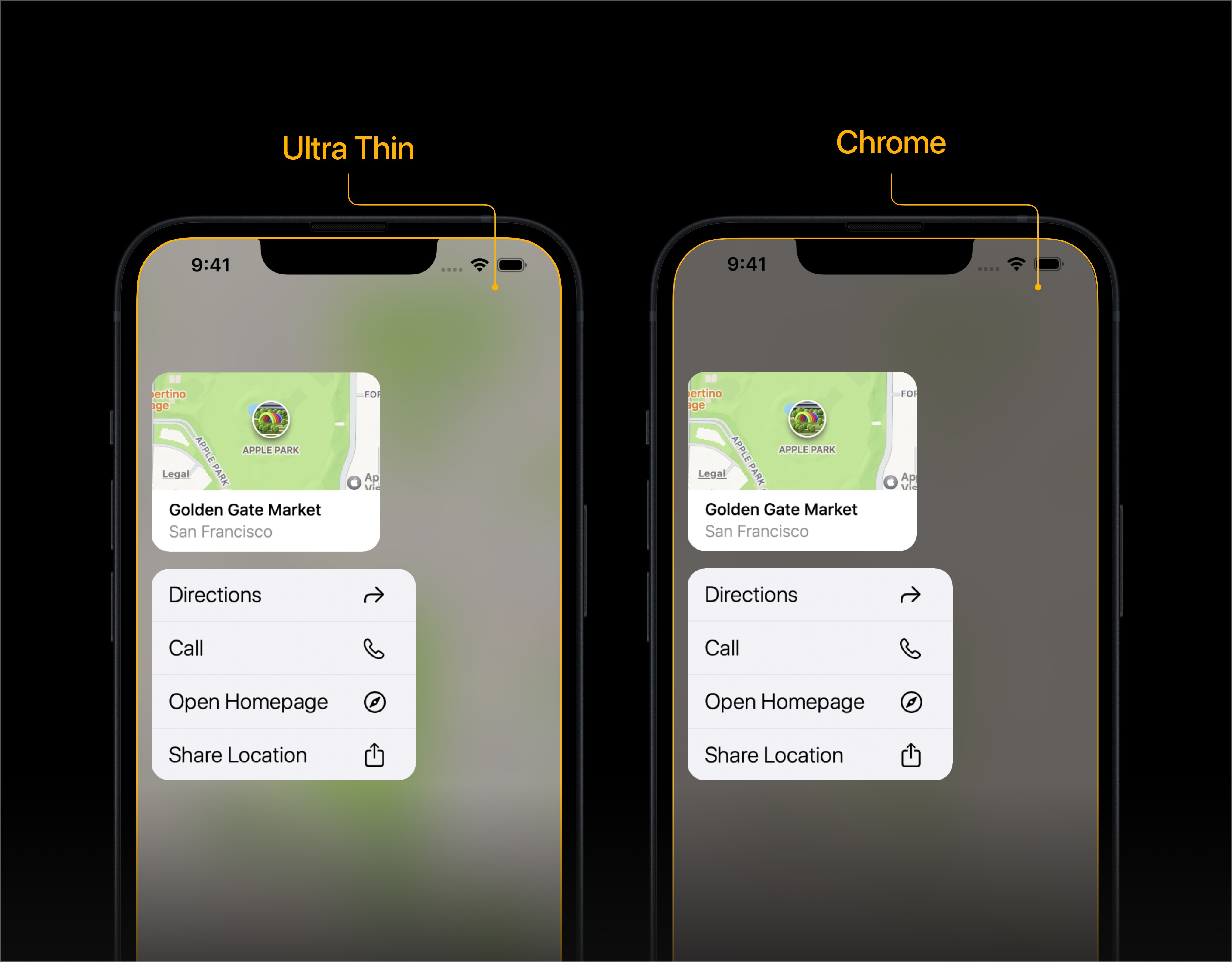 Two versions of the Apple Maps' context menu, one with a chome background with an X above it and one with a ultra thin background and a check above it