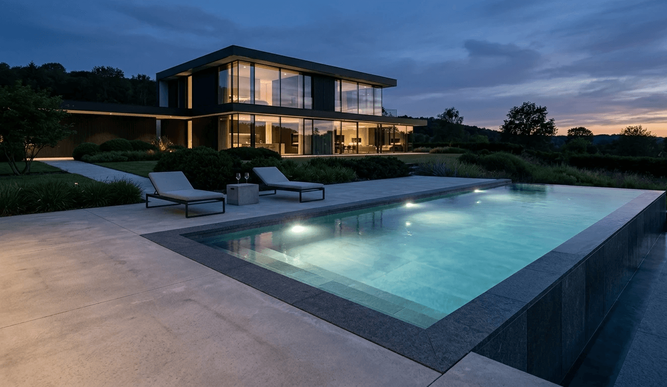 Piscina a sfioro Zenith Piscine al tramonto: l'eccellenza costruttiva incontra il design contemporaneo.