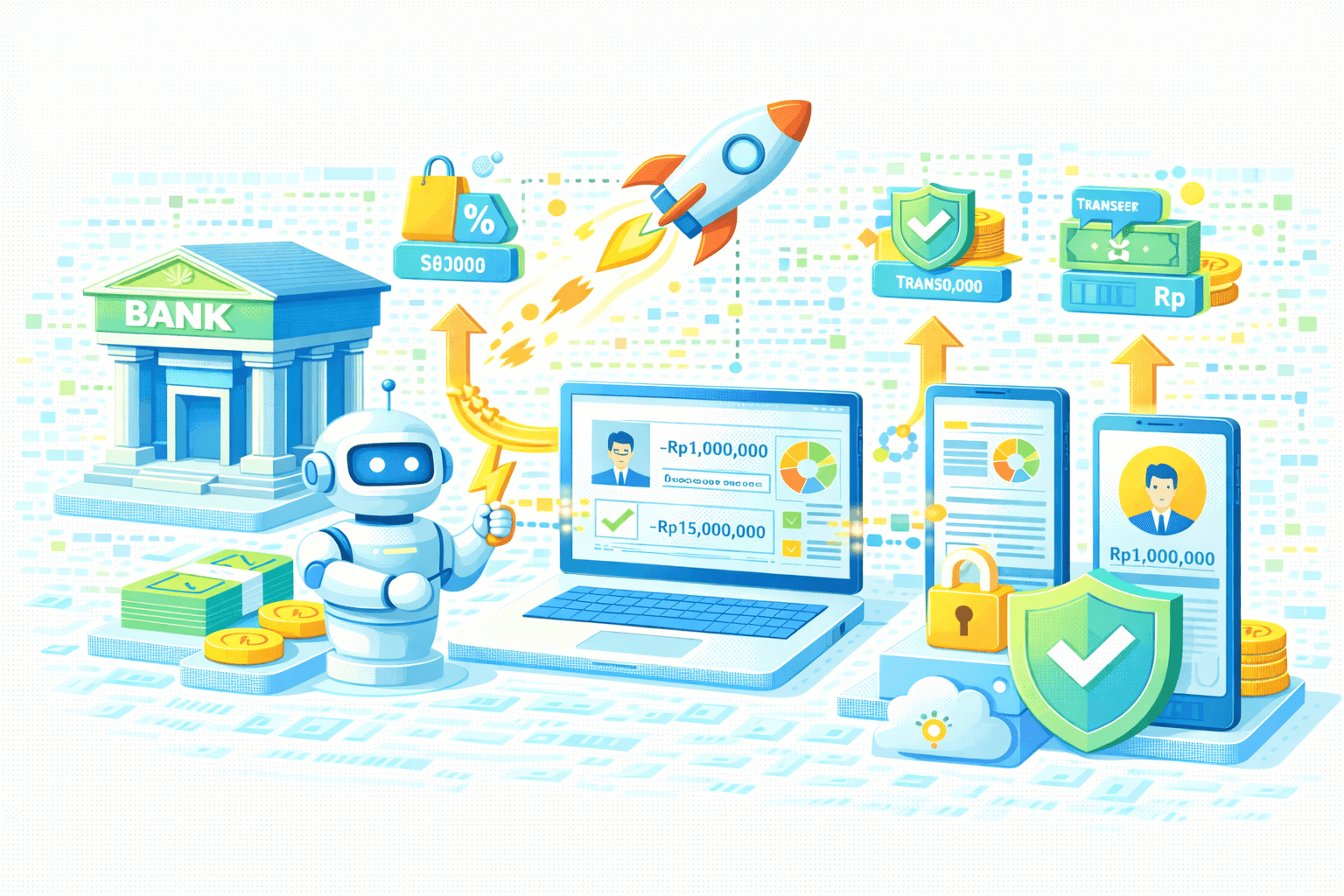 Ilustrasi AI‑driven omnichannel financial acceleration & secure transaction validation. Di kiri, gedung BANK terhubung ke robot AI yang mengelola tumpukan uang/koin. Di tengah, laptop menampilkan dashboard profil nasabah dengan grafik dan nilai −Rp1.000.000 serta −Rp15.000.000 yang telah terverifikasi (checklist hijau); panah kuning menunjukkan alur otomatisasi. Di kanan, tablet dan smartphone menampilkan ringkasan transaksi Rp1.000.000, dilindungi ikon gembok dan perisai bertanda centang (keamanan & kepatuhan).  Di bagian atas, roket melambangkan percepatan proses, sementara ikon diskon/biaya, label transfer, dan panah naik menunjukkan optimasi biaya, kelancaran transfer, dan peningkatan kinerja. Visual menggambarkan orkestrasi end‑to‑end: analitik AI, validasi lintas kanal, keamanan data, dan eksekusi transaksi yang cepat serta compliant.