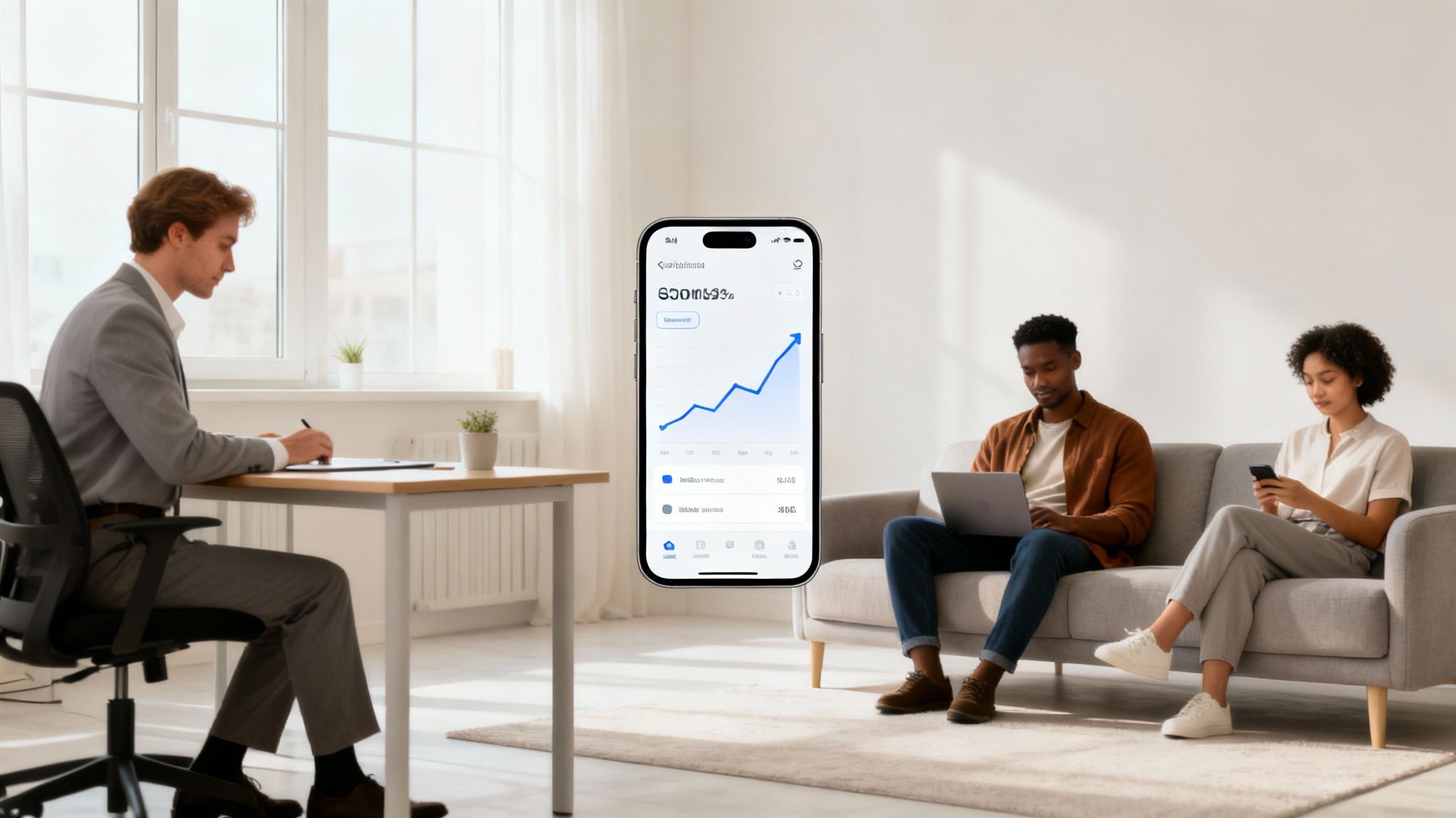 Diverse professionals working in an office, with an overlaid investment app showing financial growth.
