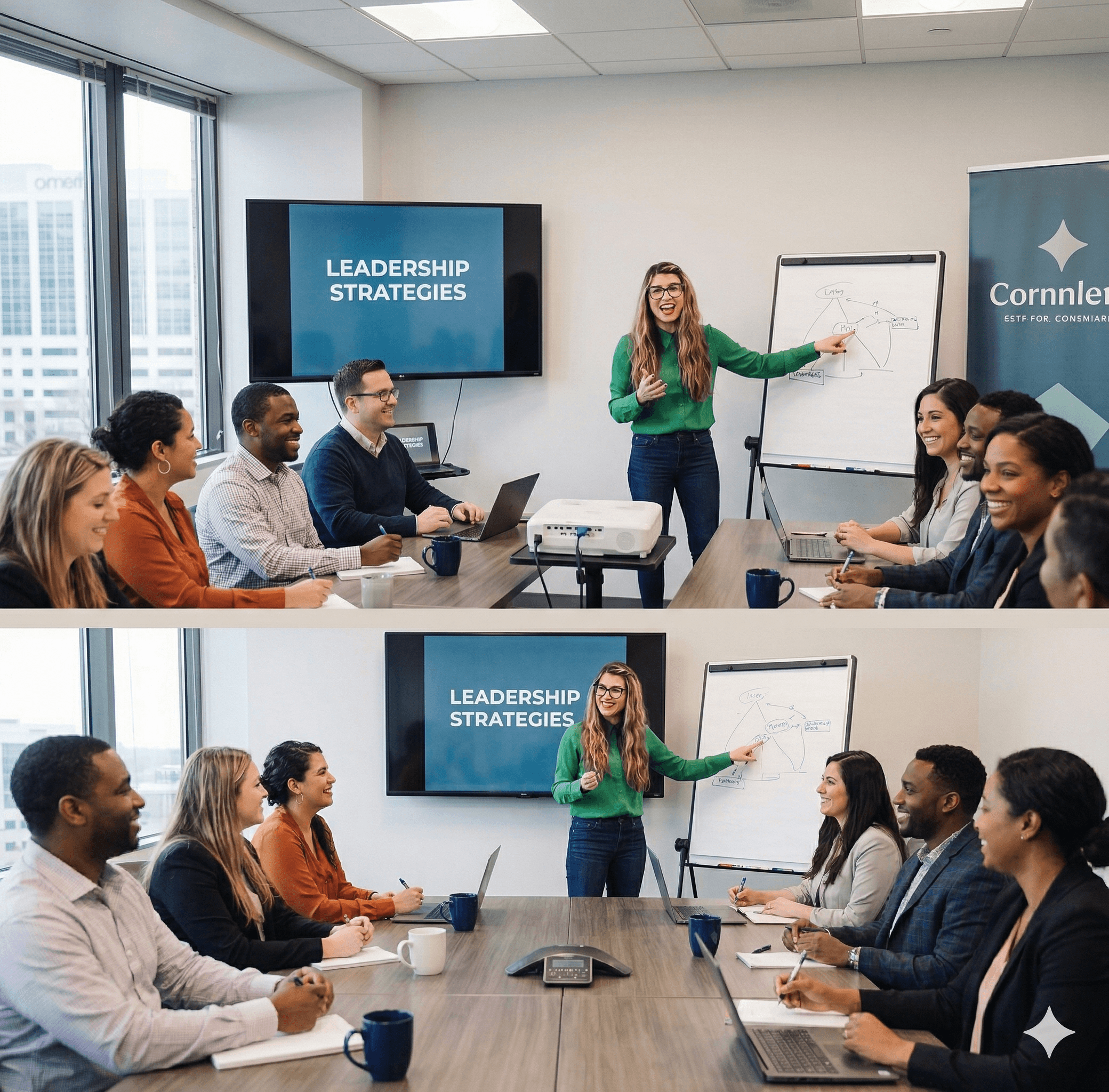 Man presents charts to seated audience in a modern office.