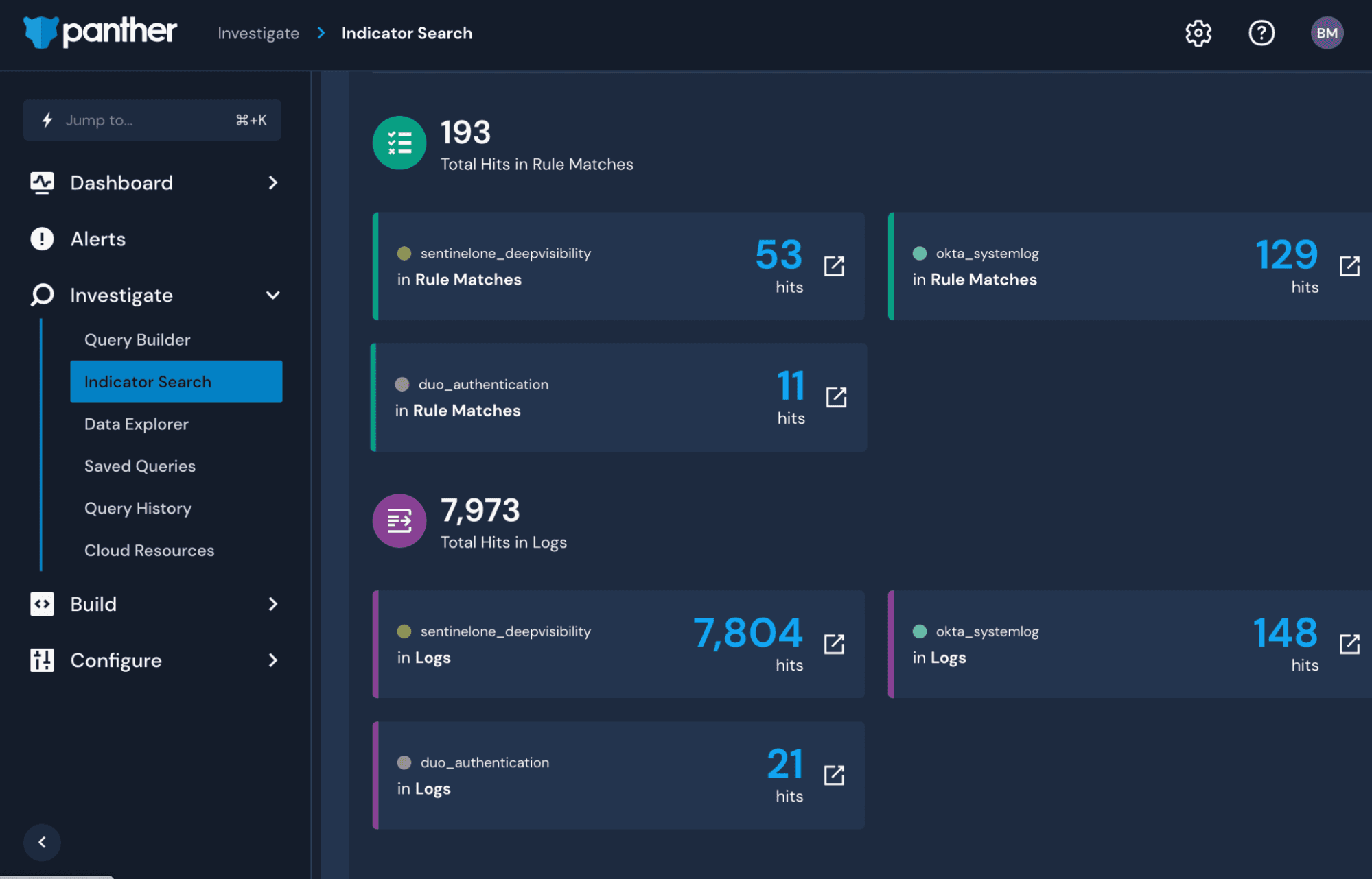 Screenshot of Panther's console showing indicator search results over sentinelone_deepvisibility tables and others