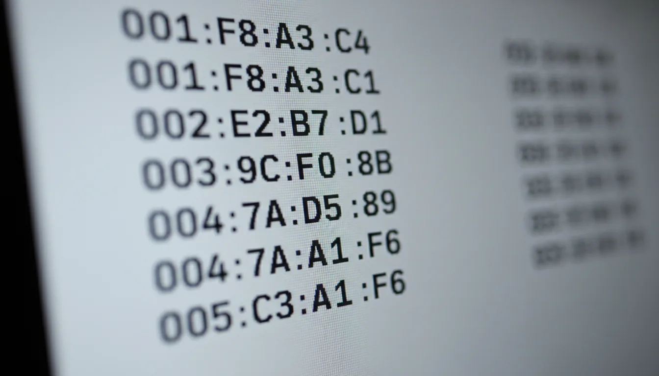 Macro photograph of an LCD computer screen from an oblique angle, displaying lines of black, abstract numerical data on a light gray background, similar to a render log file. Extreme shallow depth of field with a narrow plane of sharp focus on the central lines of data, while the surrounding text is heavily blurred into a soft bokeh. Soft, even daylight. The subtle texture of the screen's pixel grid is visible.