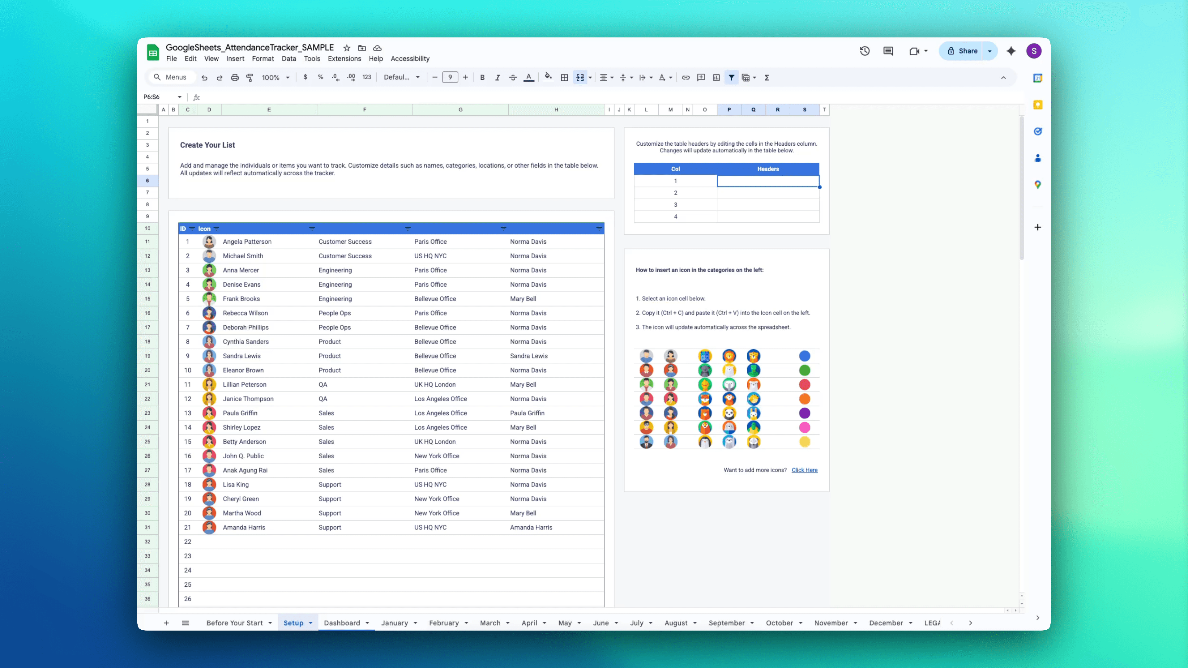 Attendance Tracker setup tab in Google Sheets – create and customize employee list with icons, names, departments, offices, and category headers for easy tracking