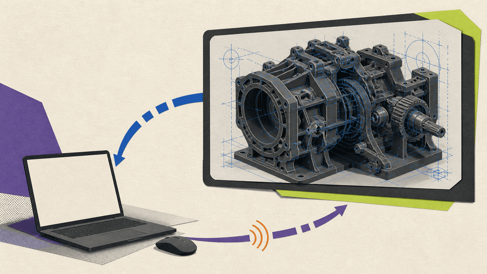 Lightweight laptop connected to a larger remote workstation displaying a complex mechanical CAD assembly