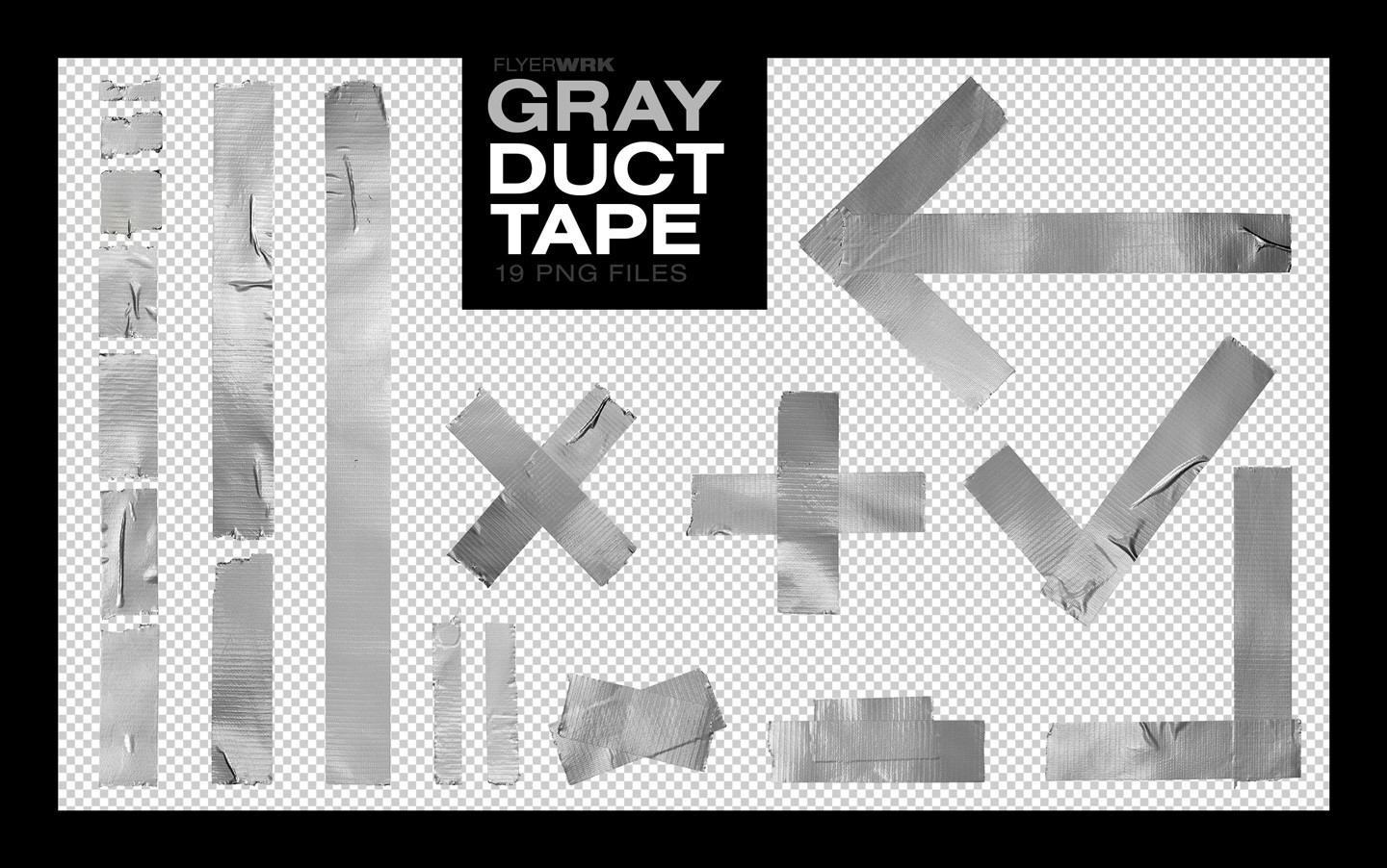 Isolated Adhesive Tape Pieces gray duct tape collection with nineteen versatile shapes on a transparent background