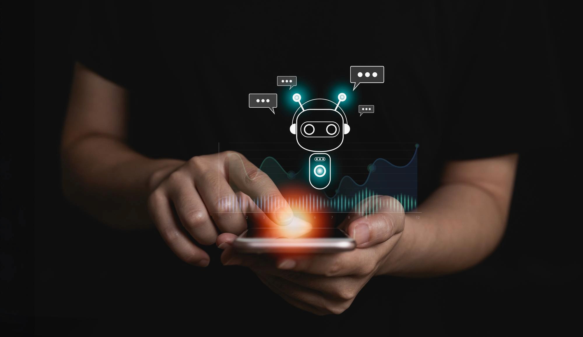 AI chatbot interface with data analytics dashboard representing automation and business intelligence.