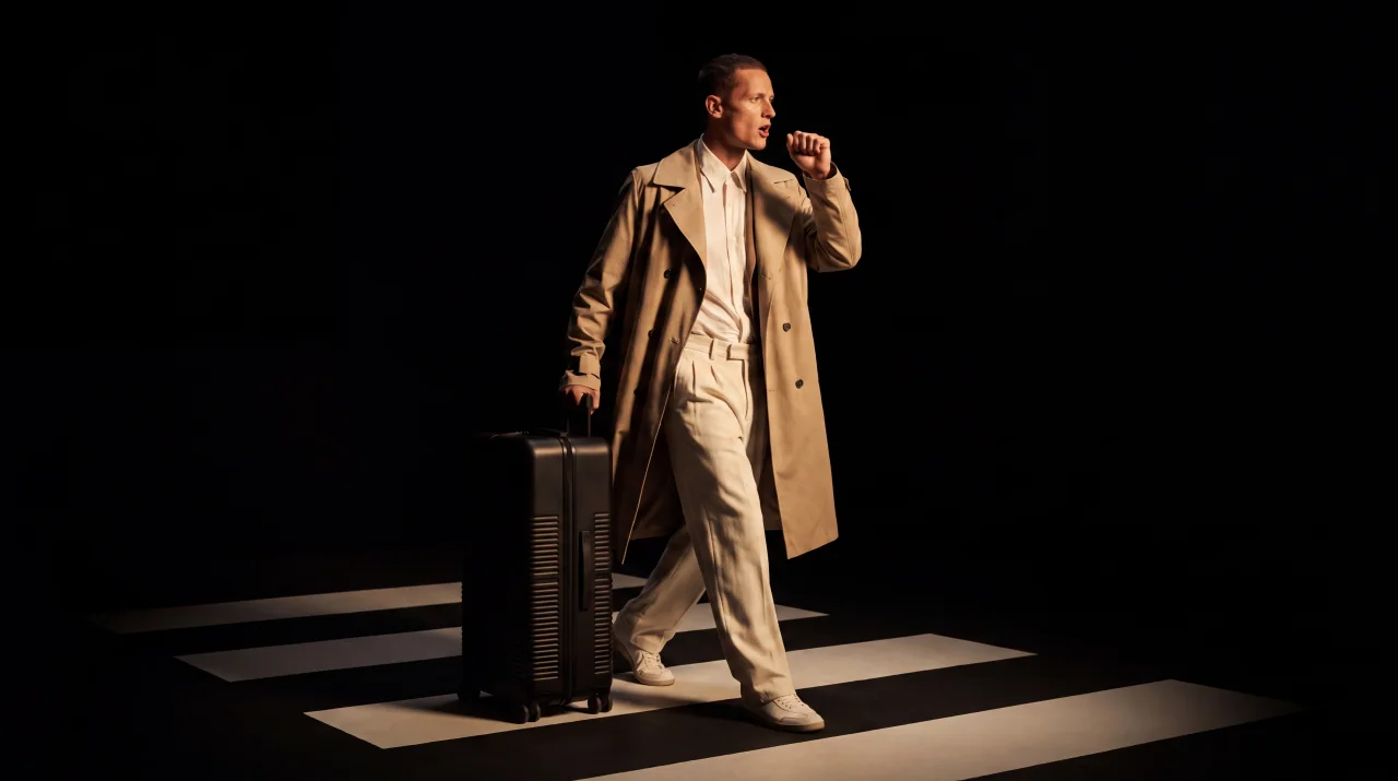 Walking with a suitcase, speaking a command