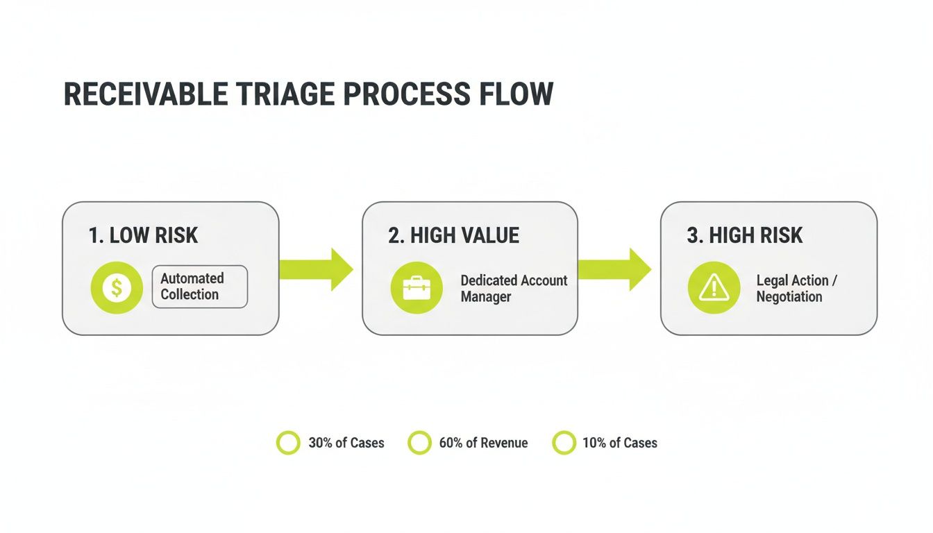 A receivable triage process flow illustrating low risk, high value, and high risk collection stages.