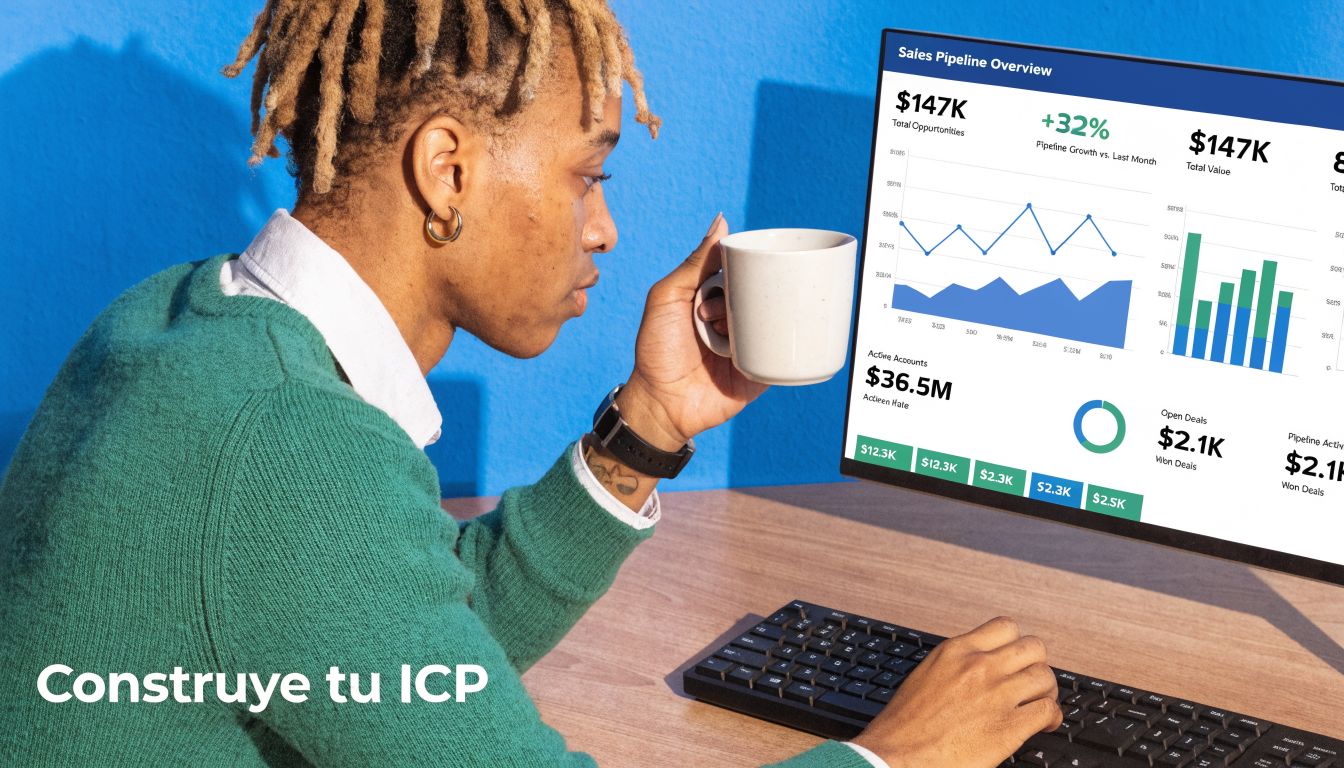 Una persona joven trabajando frente a una computadora mostrando un panel de control de ventas profesional