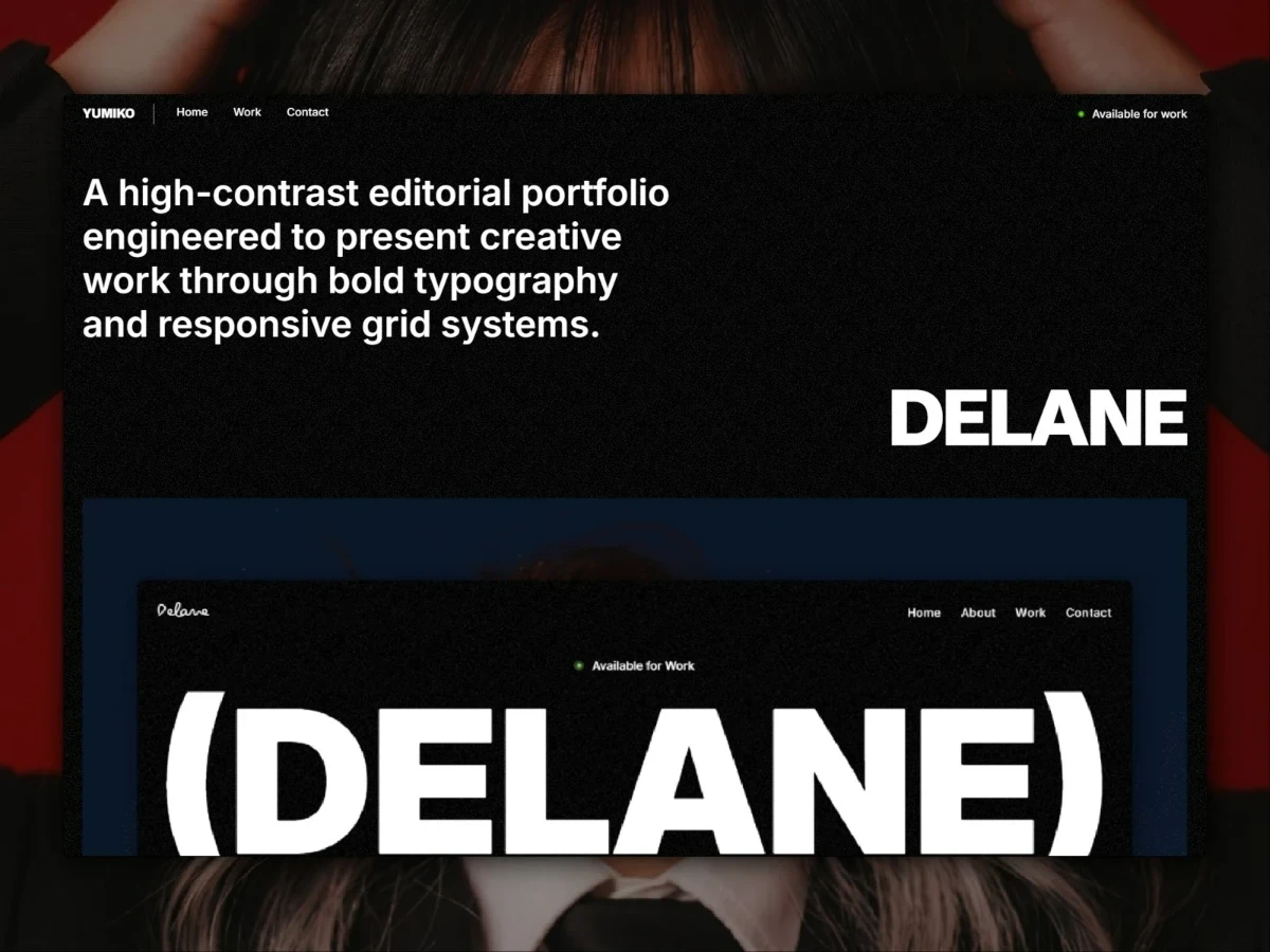 Yumiko editorial portfolio project page with dark layout and large typography