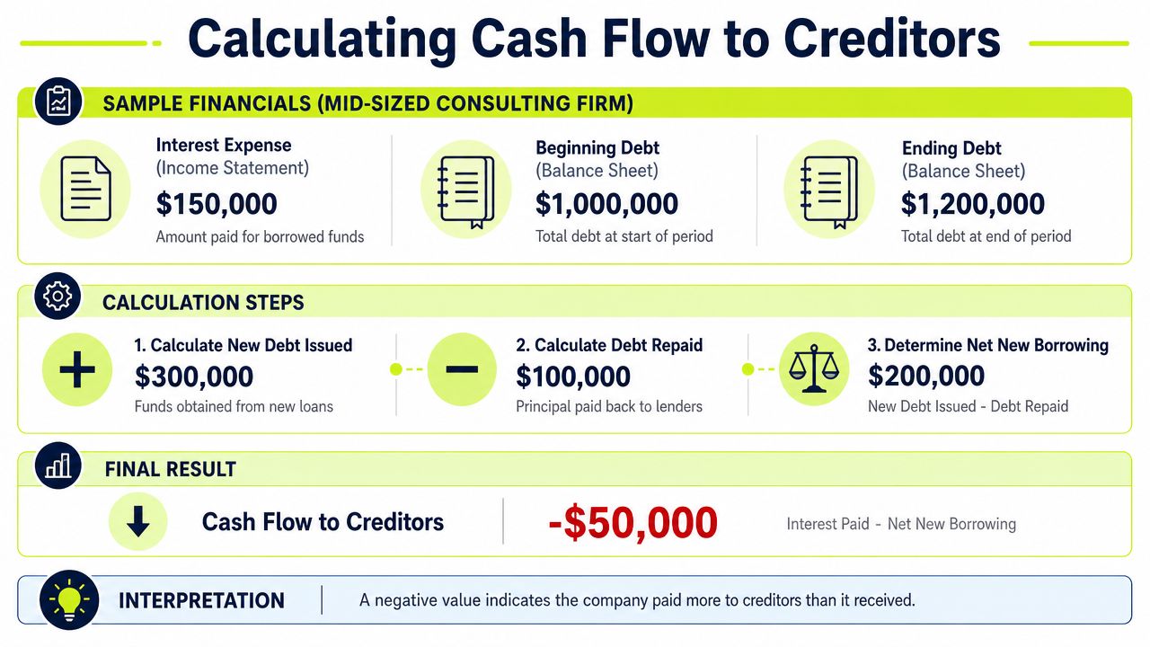 An infographic detailing the step-by-step calculation of cash flow to creditors with financial figures and definitions.